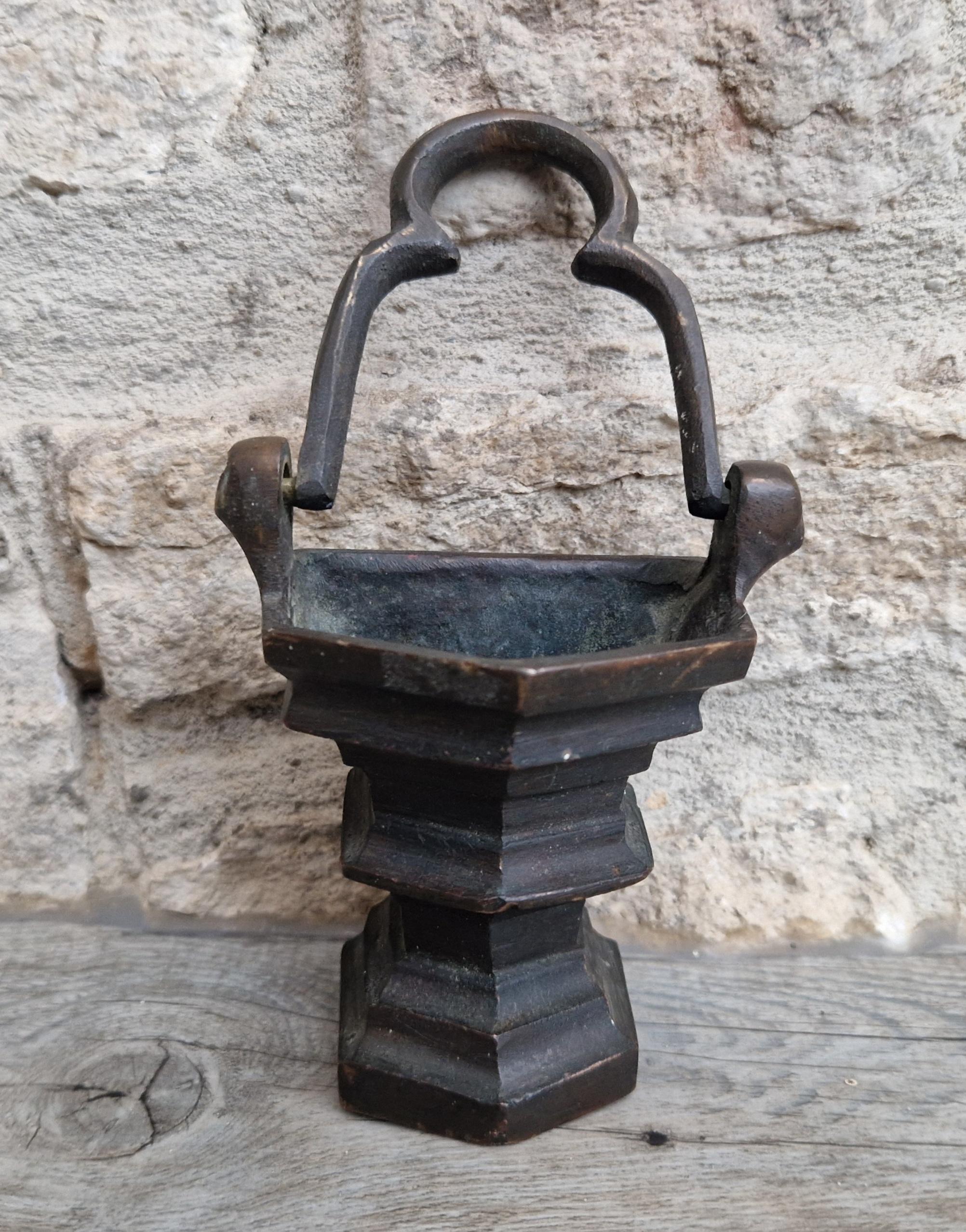 Antique Flemish Bronze Tri-Foil Handled Gothic Holy Water Pail c17th Century