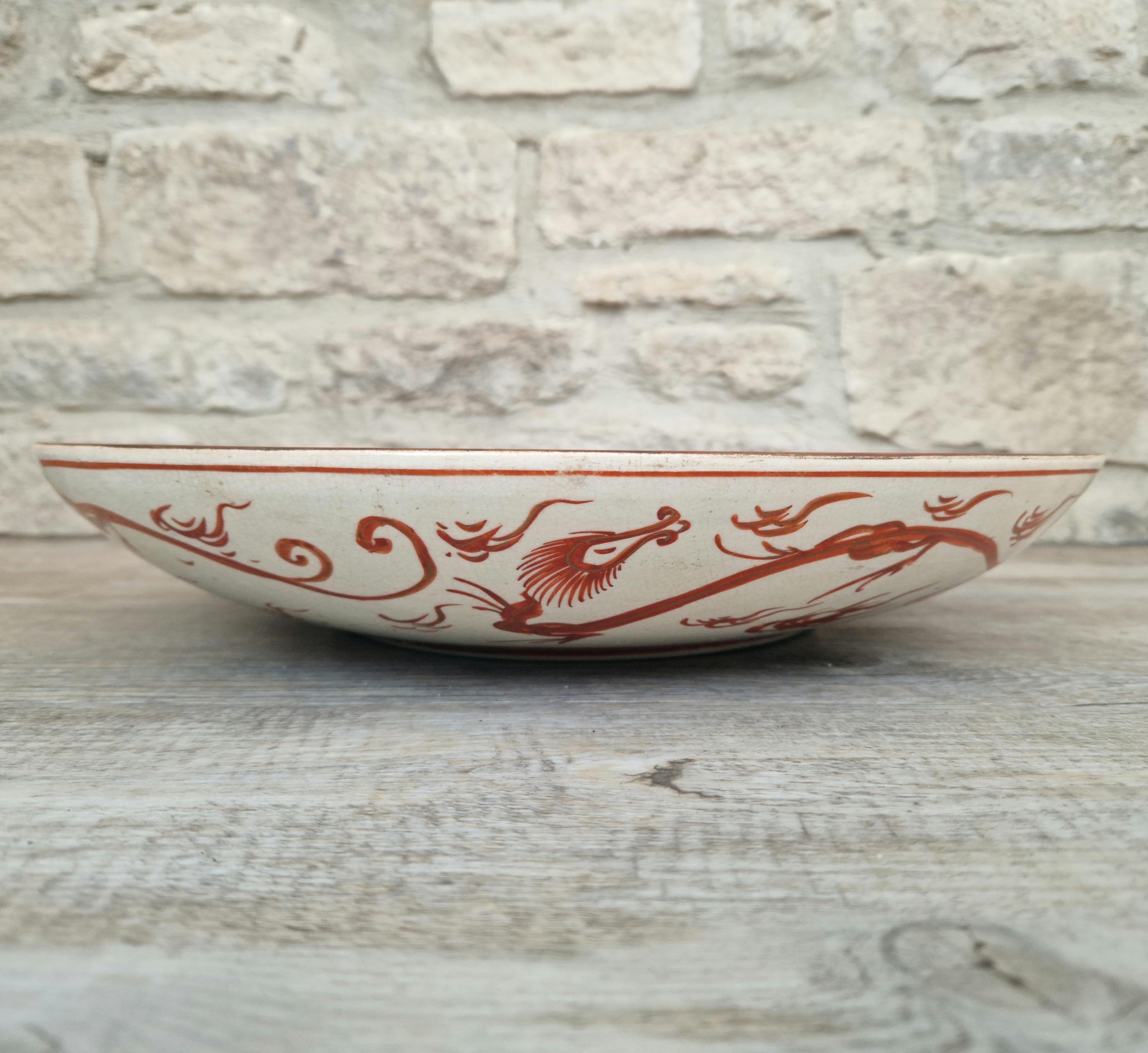 Antique Japanese Kutani Ware Meiji Period Porcelain Large Charger Iron Red Glaze With Gilt Accents 38cm