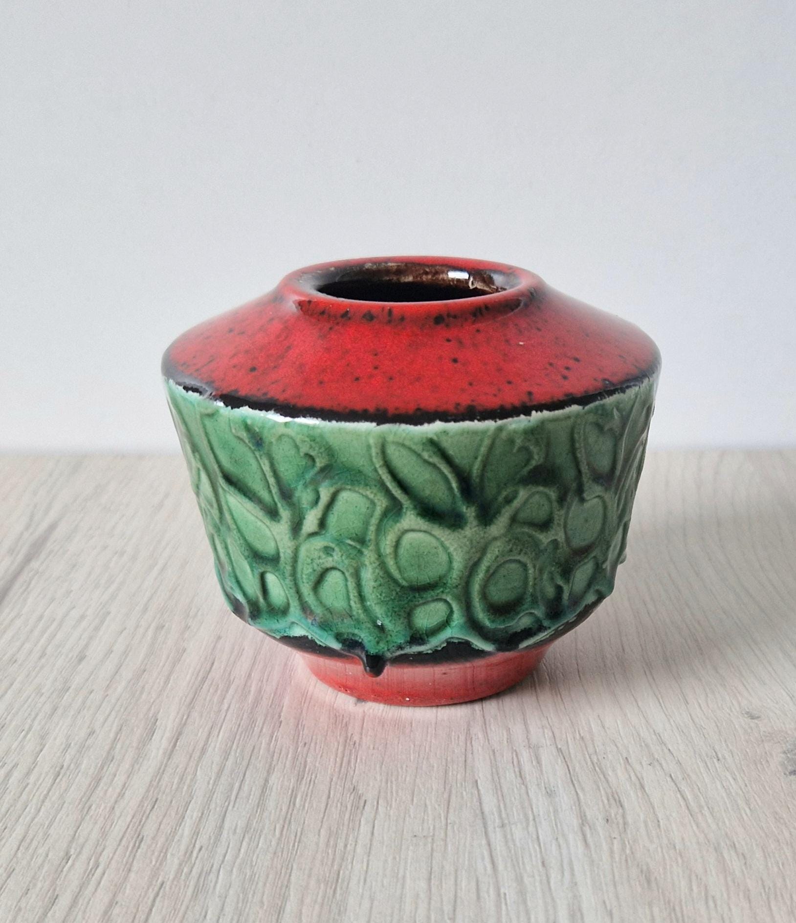Mid-Century West German Green & Red Squat Fat Lava Vase 8cm