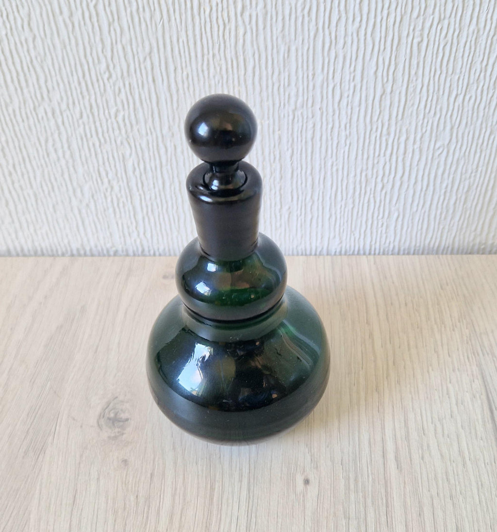Antique Hand-Blown Dark Green Glass Small Gourd Bottle & Stopper 15cm