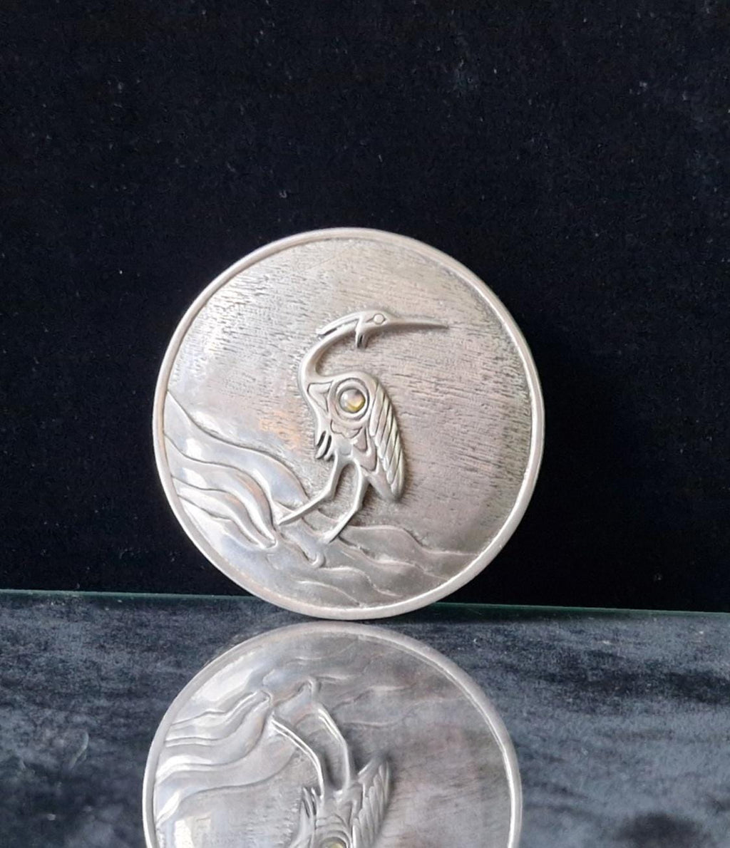 Vintage Mid Century Pewter & Glass Bead Heron Relief Trinket Box