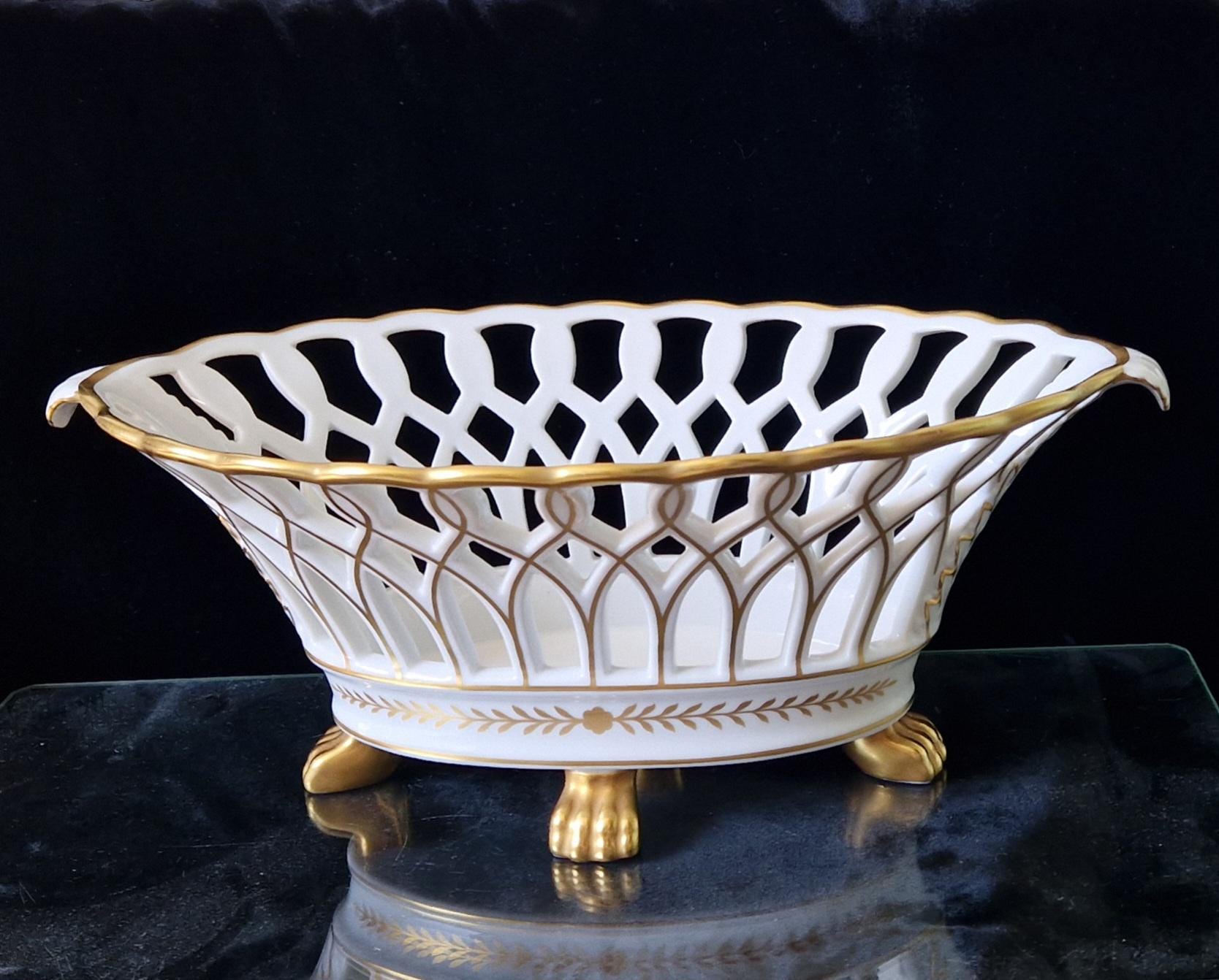 Large Vista Alegre Reticulated White & Gold Ceramic Basket Fruit Bowl Old Paris Style