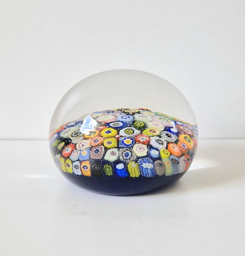 Vintage Strathearn Scottish Glass Millifiore Close Pack Blue Ground Paperweight 8cm
