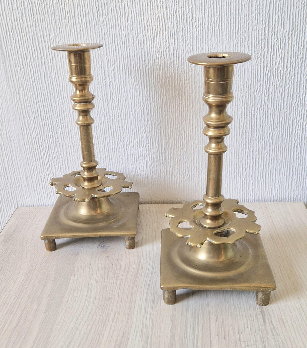 18th Century Solid Turned Brass Russian Sabbat Candle Holder Sticks Very Rare