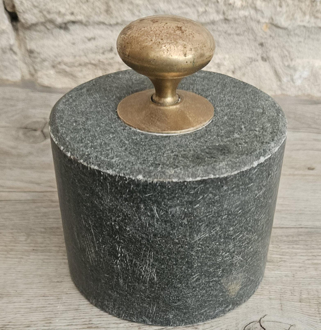 Original Mcm Green Stone Door Stop with Brass Handle Rustic Midcentury Circular Doorstop