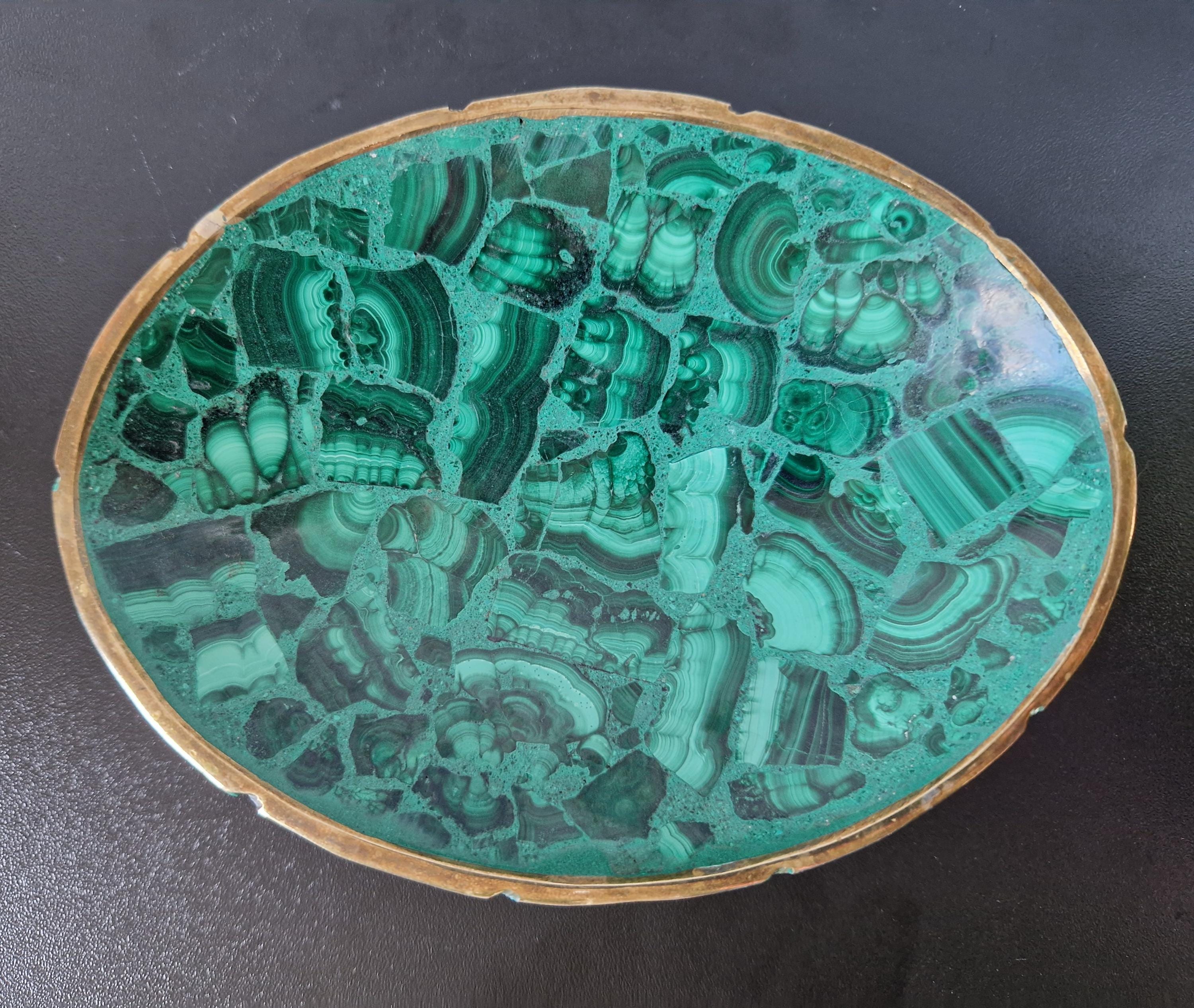 Fine Midcentury Malachite & Brass Oval Vide Poche Catch-All Decorative Bowl