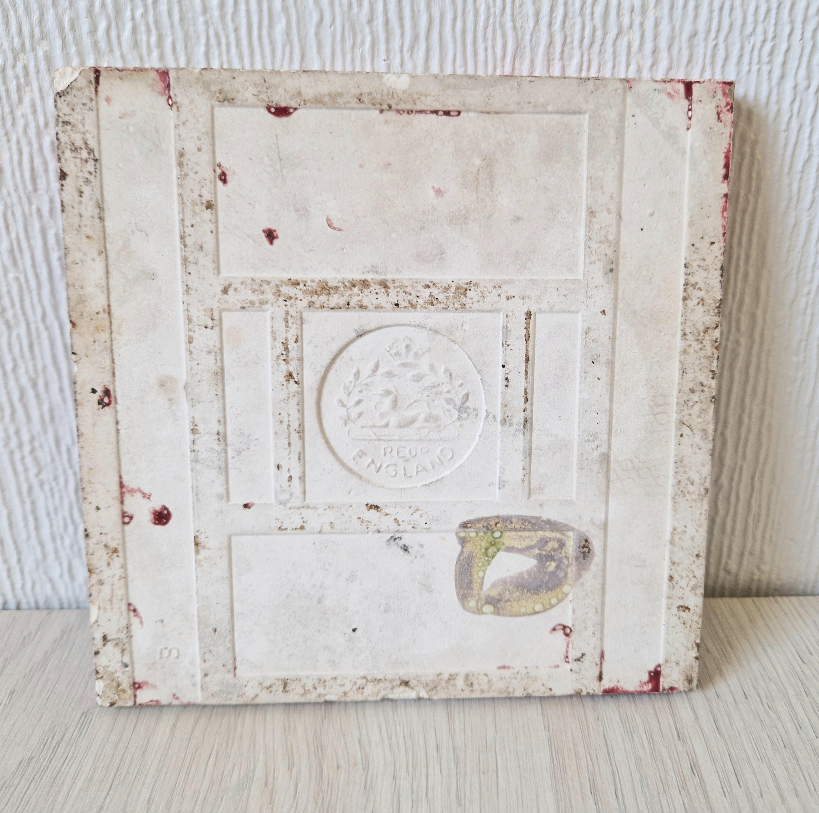 4 Art Nouveau Majolica Fireplace Tiles: Floral Antique T&R Boote, 1905