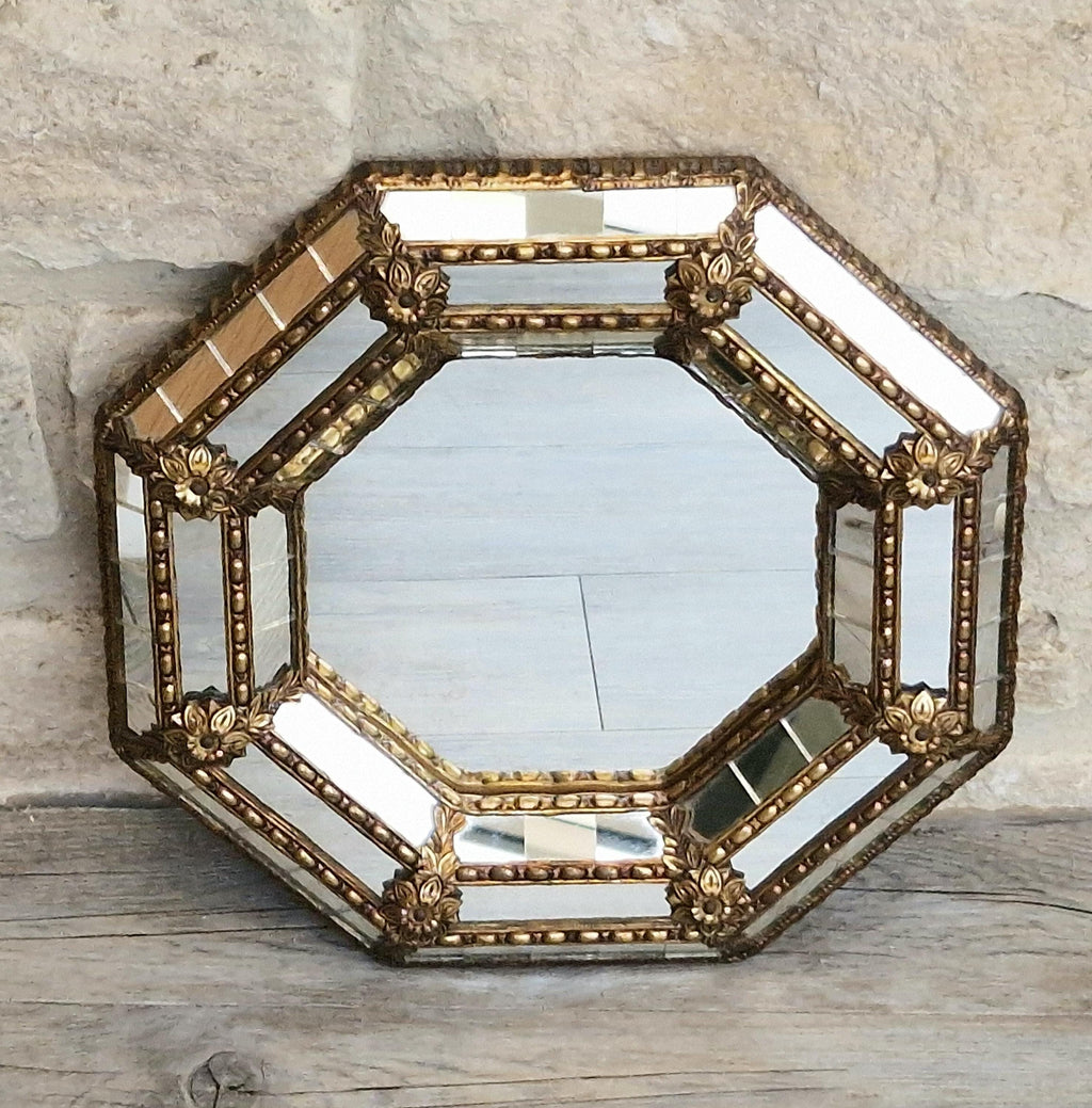 Vintage Small Octagonal Venetian Mirror Hollywood Regency Brass Floral Accents 29.5cm Italy 1970s