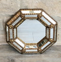 Vintage Small Octagonal Venetian Mirror Hollywood Regency Brass Floral Accents 29.5cm Italy 1970s