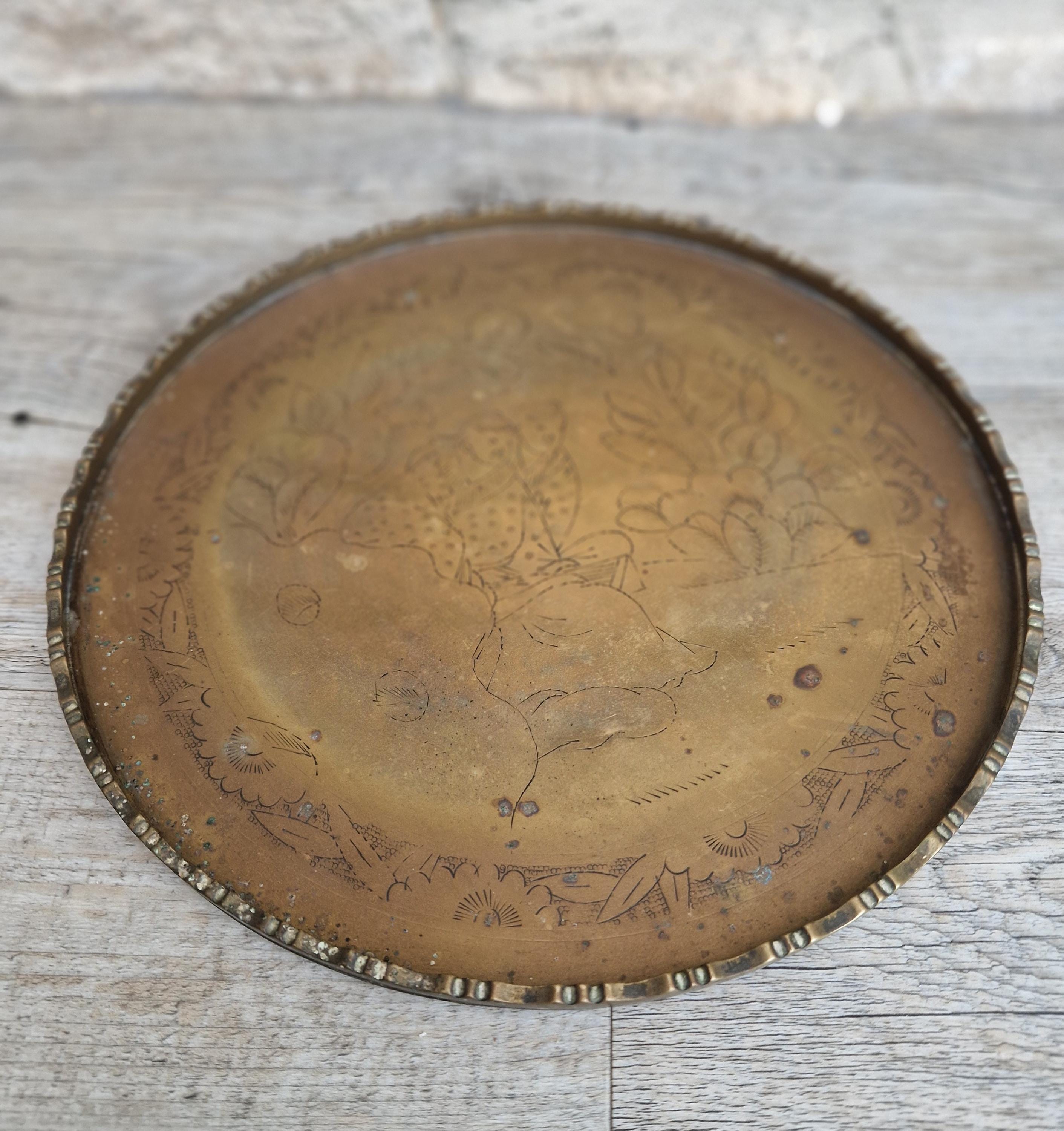 Antique Chinese Engraved Brass Round Opium Tray c1900 27.5cm