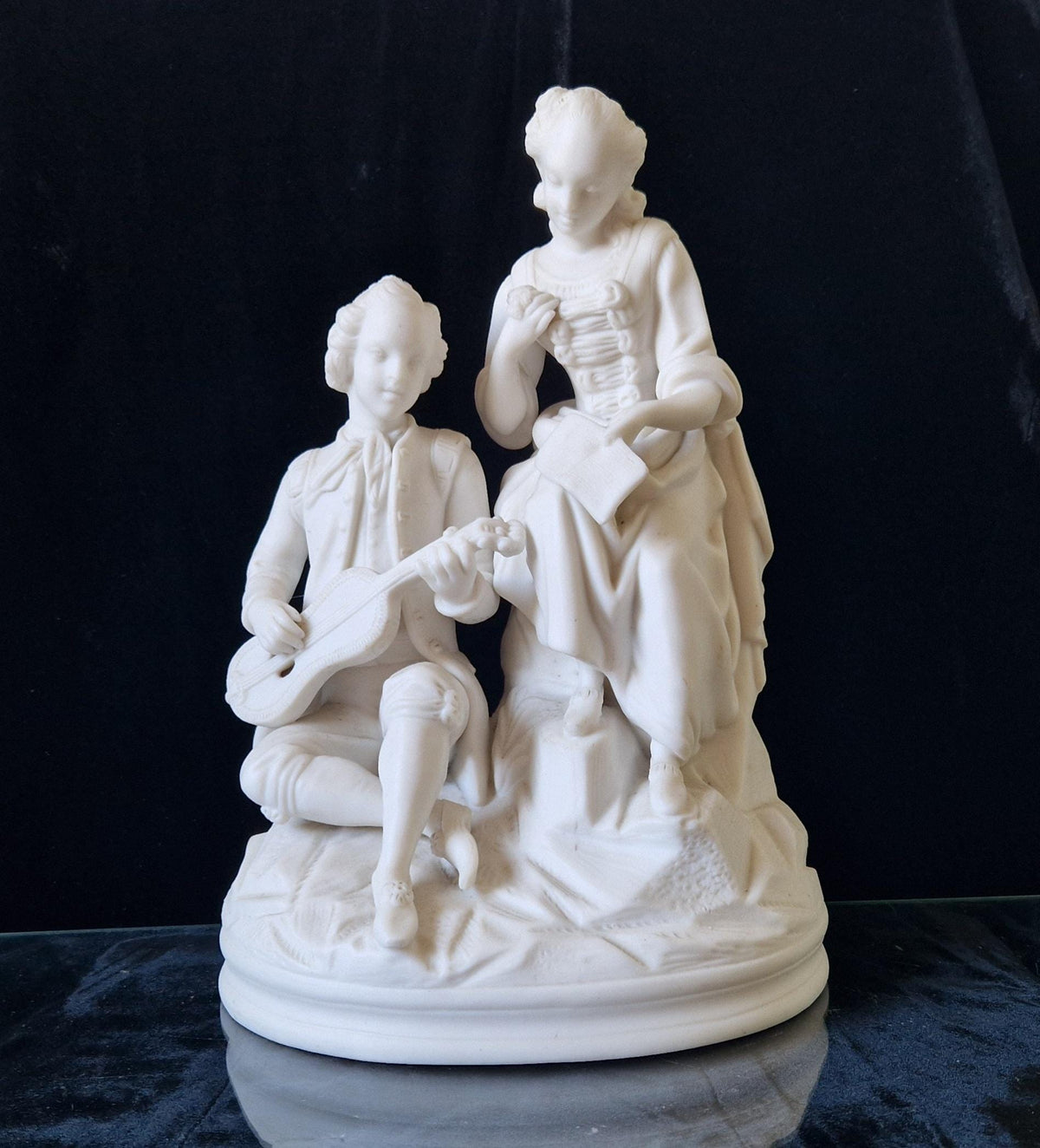 Antique Parian Ware Figural Group Young Lovers With Guitar & Music Book On Plinth