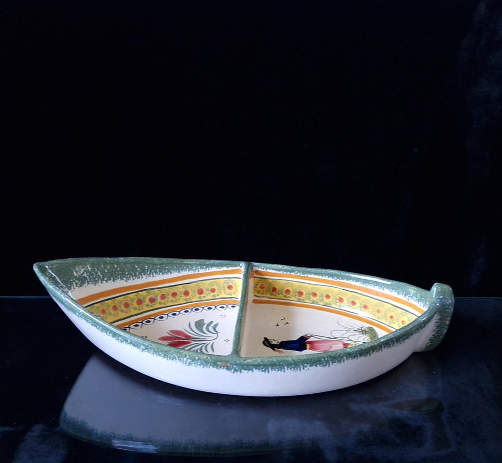 Vintage Henriot Quimper Faience Ceramic Boat Shape Divided Serving Dish
