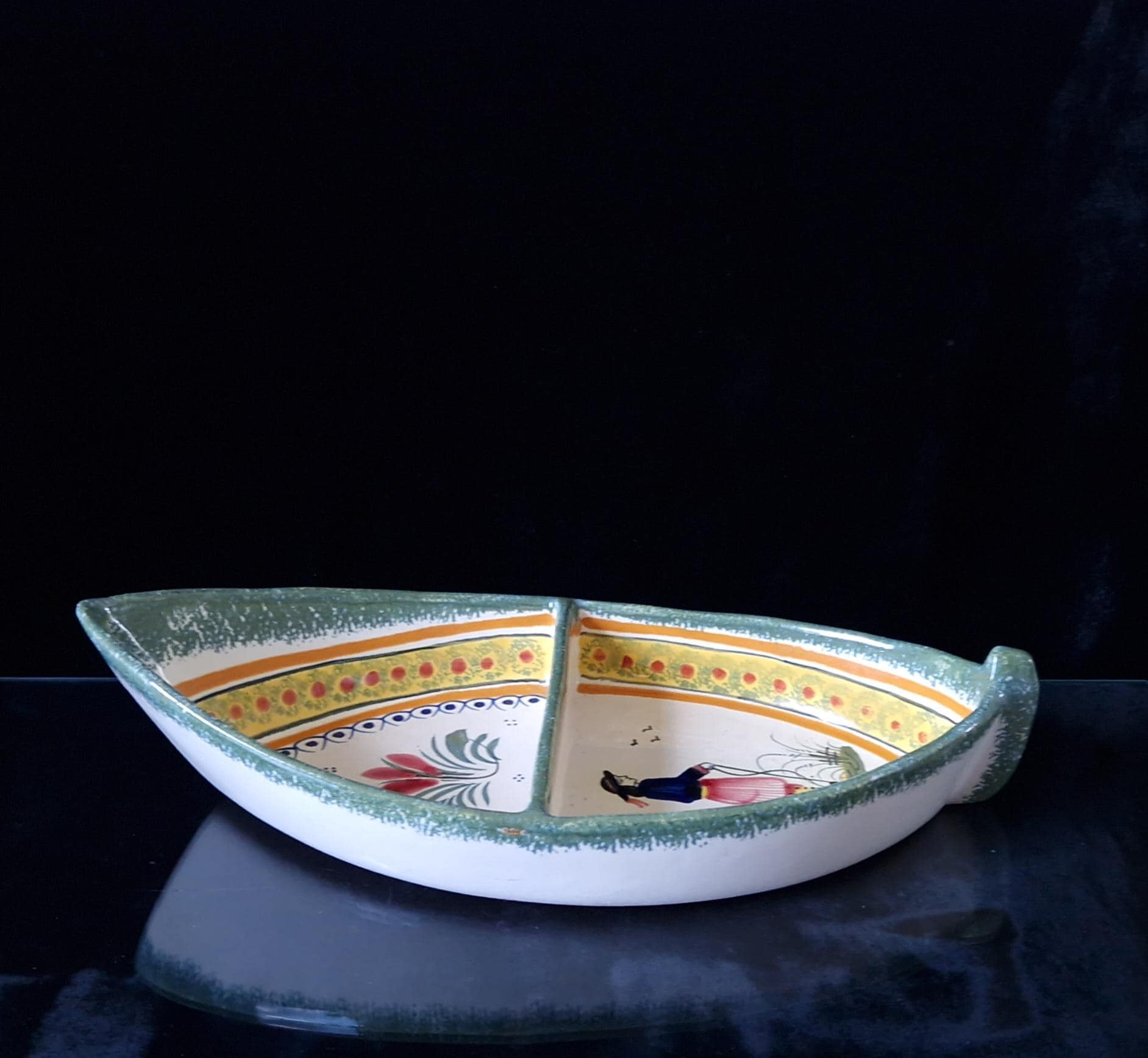 Vintage Henriot Quimper Faience Ceramic Boat Shape Divided Serving Dish