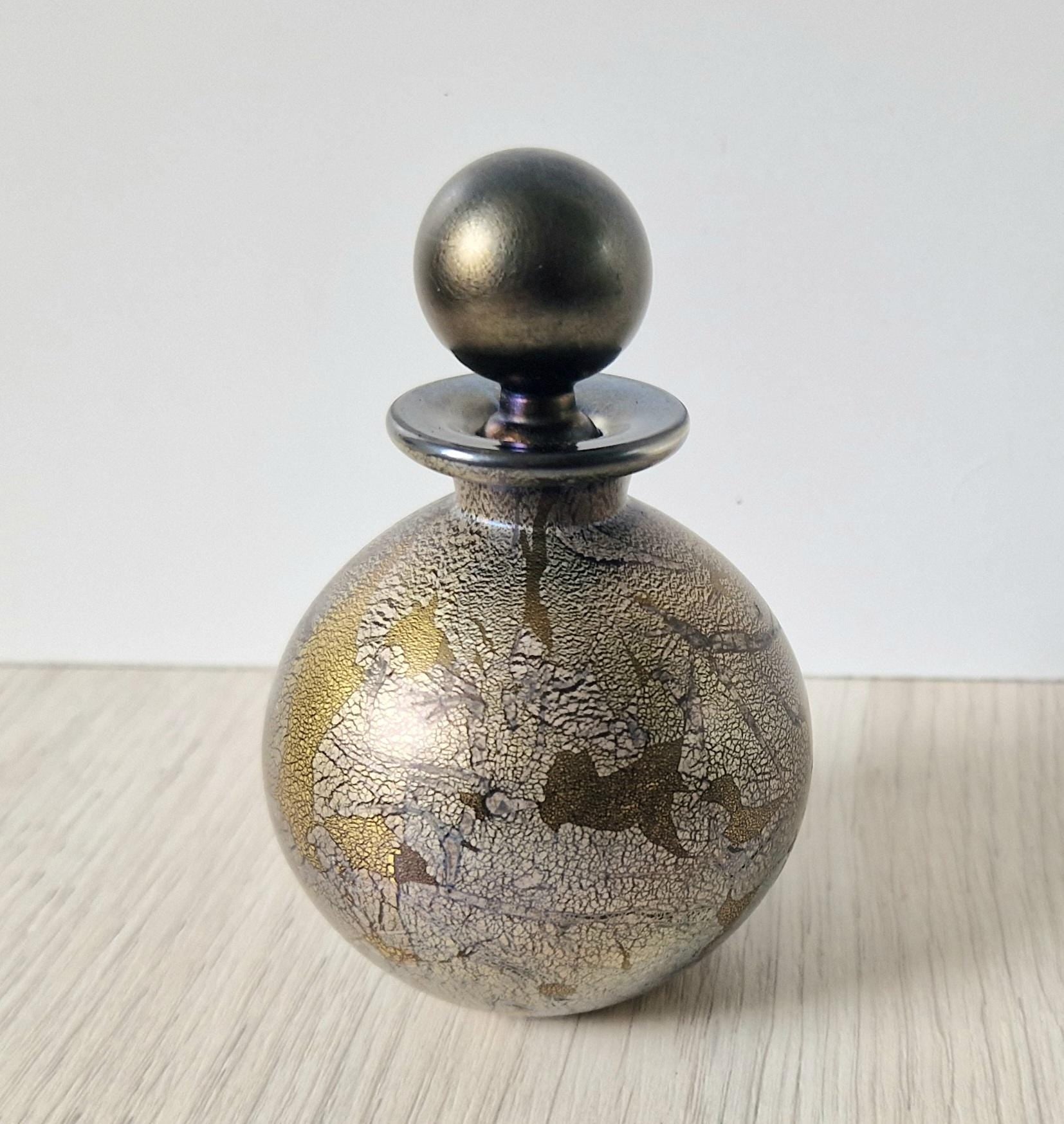 Isle of Wight Art Glass Perfume Bottle: Black Azurene Iridescent, Michael Harris 1970s England