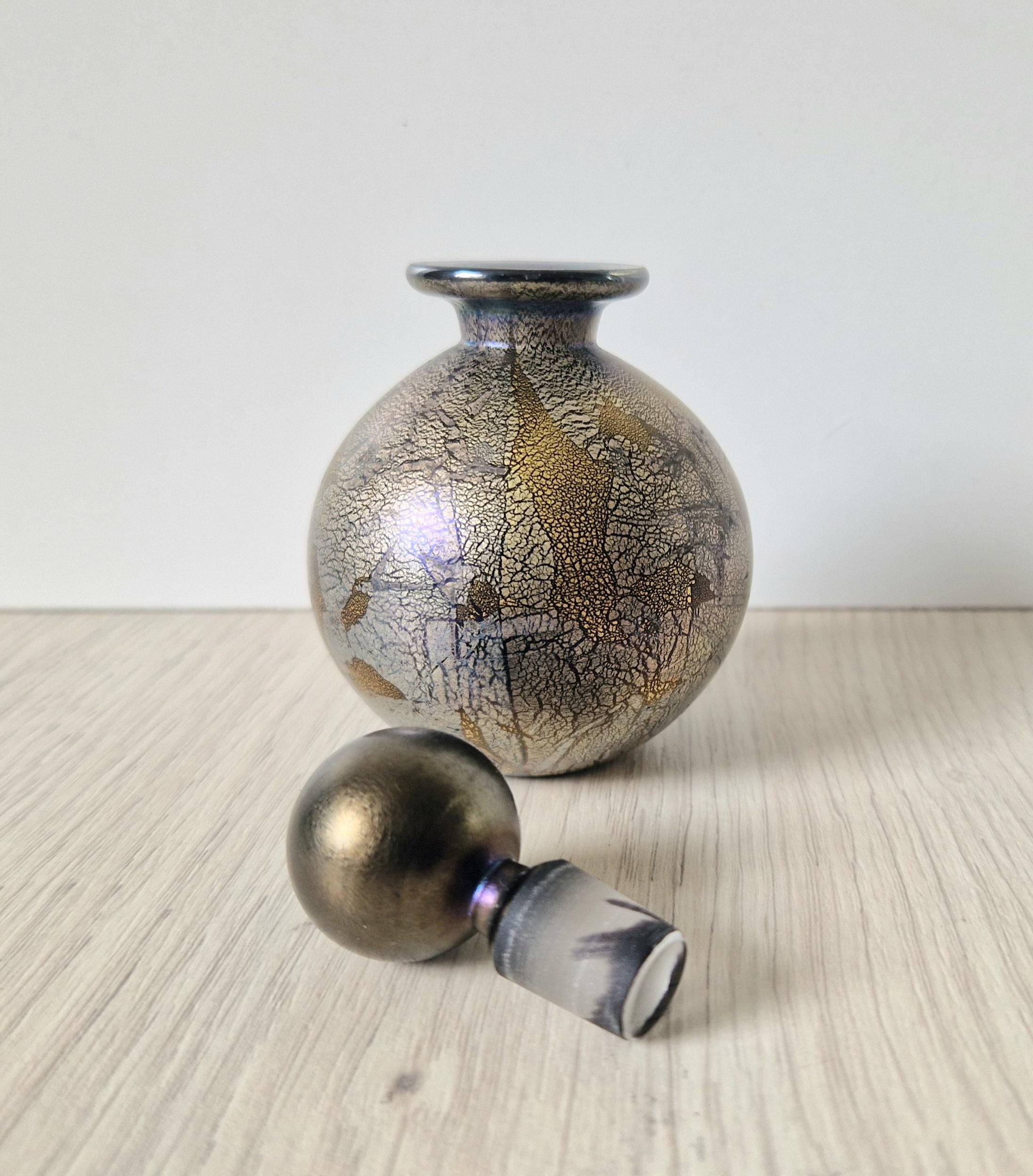 Isle of Wight Art Glass Perfume Bottle: Black Azurene Iridescent, Michael Harris 1970s England