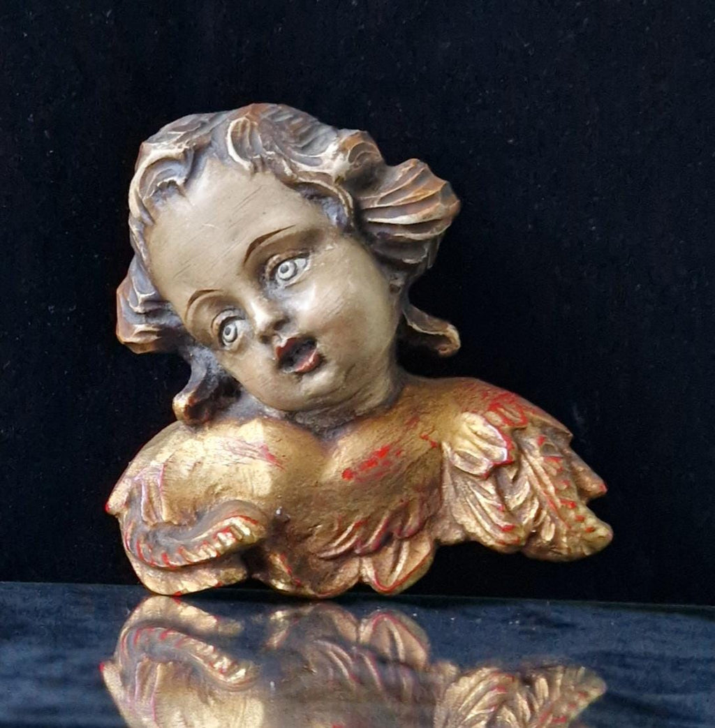 Antique Carved Polychrome Putti Cherub Bust Painted & Gilded Continental 19th C. Artwork