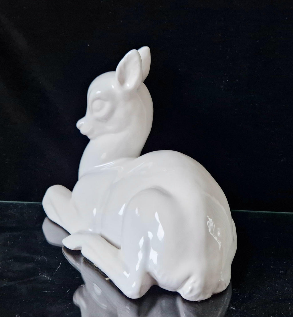 Vintage Cantagalli White Italian Ceramic Faience Recumbant Fawn Deer Figure Ornament 20cm.