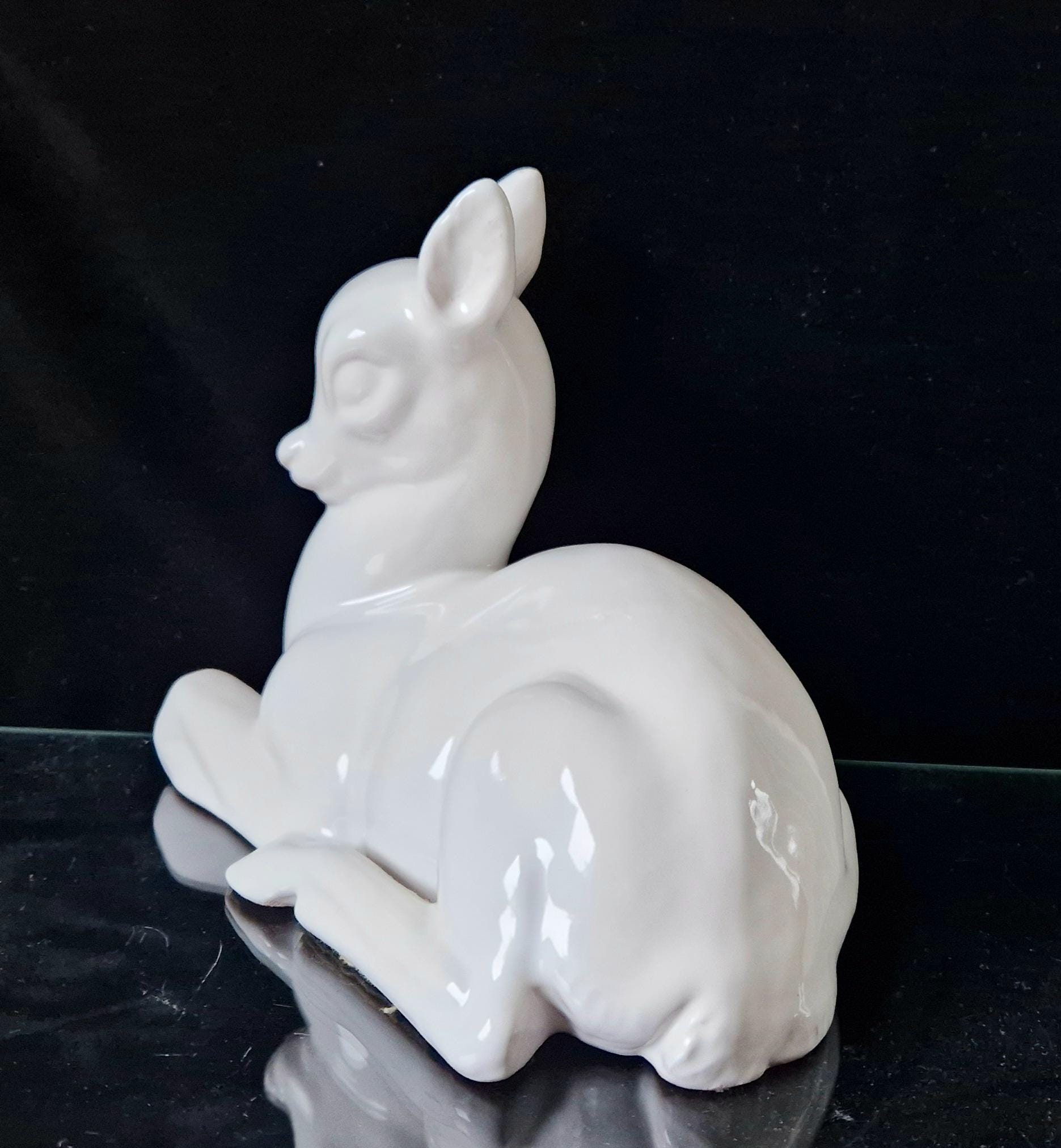 Vintage Cantagalli White Italian Ceramic Faience Recumbant Fawn Deer Figure Ornament 20cm.