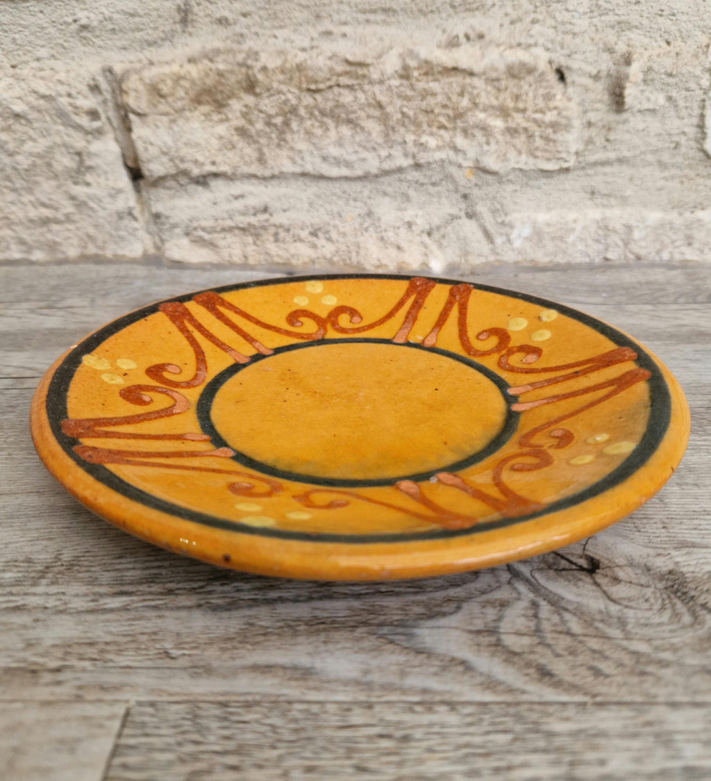 Vintage French Rustic BIOT Ceramic Ornate Design Motif Yellow Glaze Dessert Plate