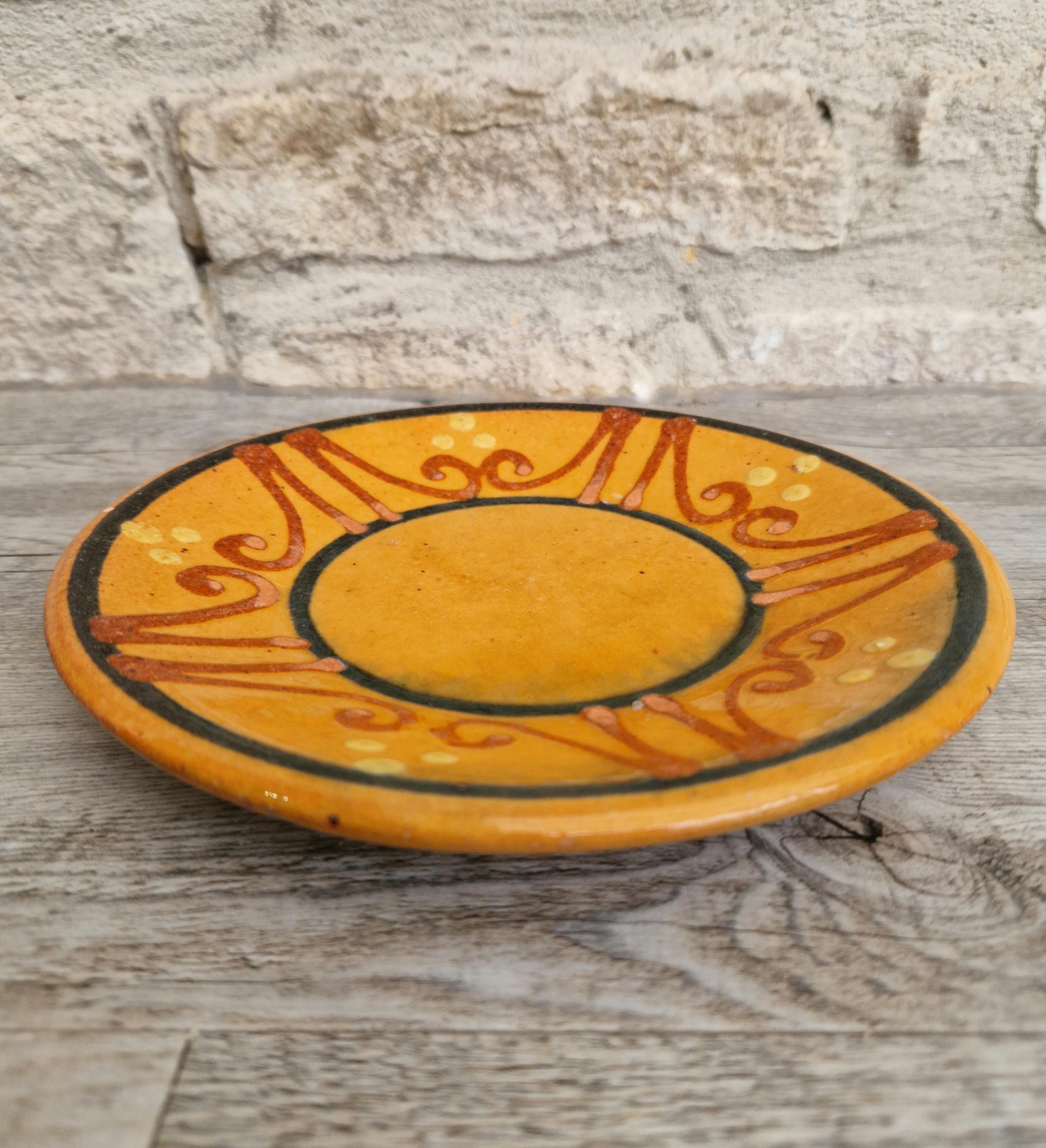 Vintage French Rustic BIOT Ceramic Ornate Design Motif Yellow Glaze Dessert Plate