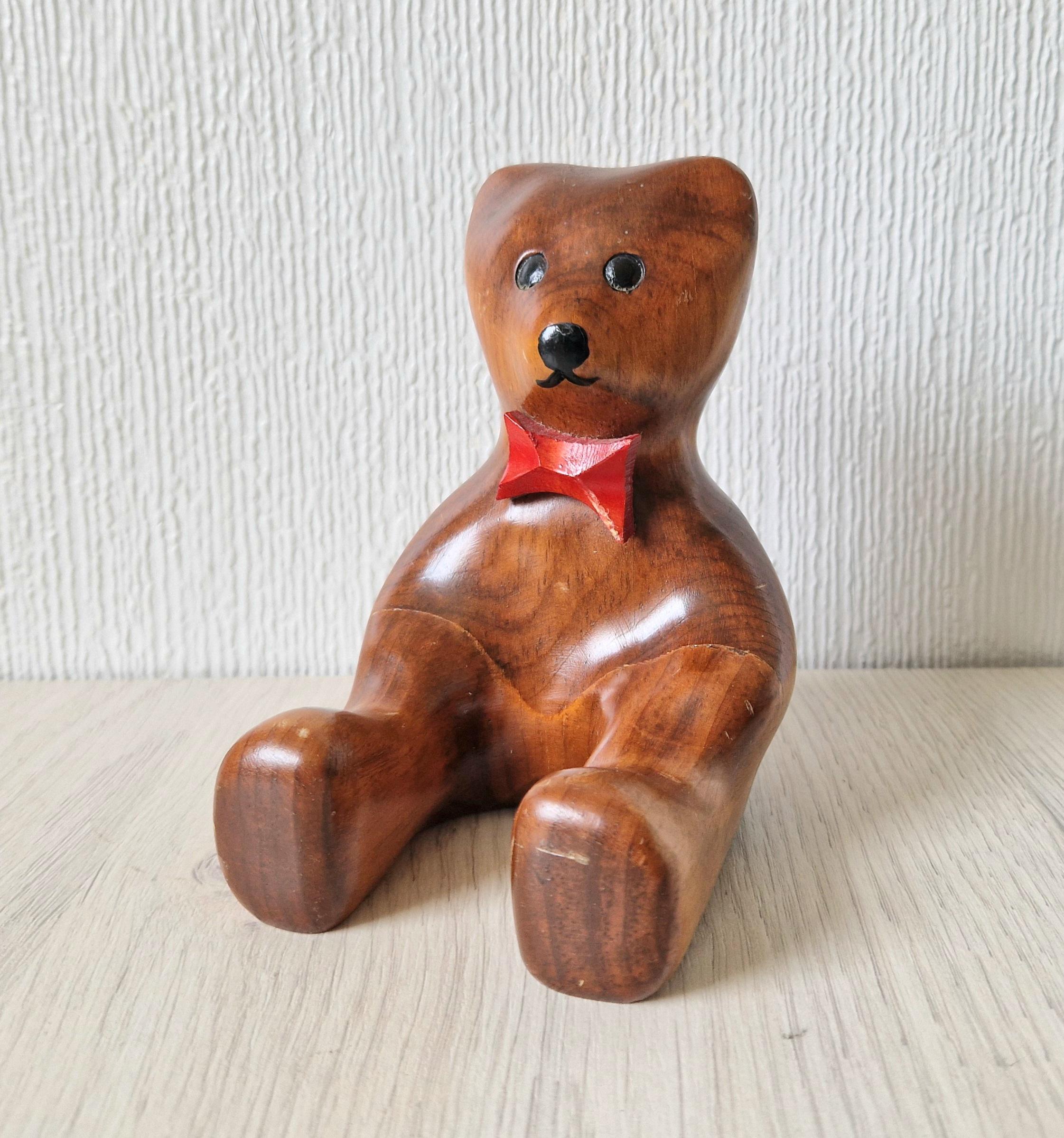 Vintage Stylised Carved Plum Wood Teddy Bear Figure 14cm