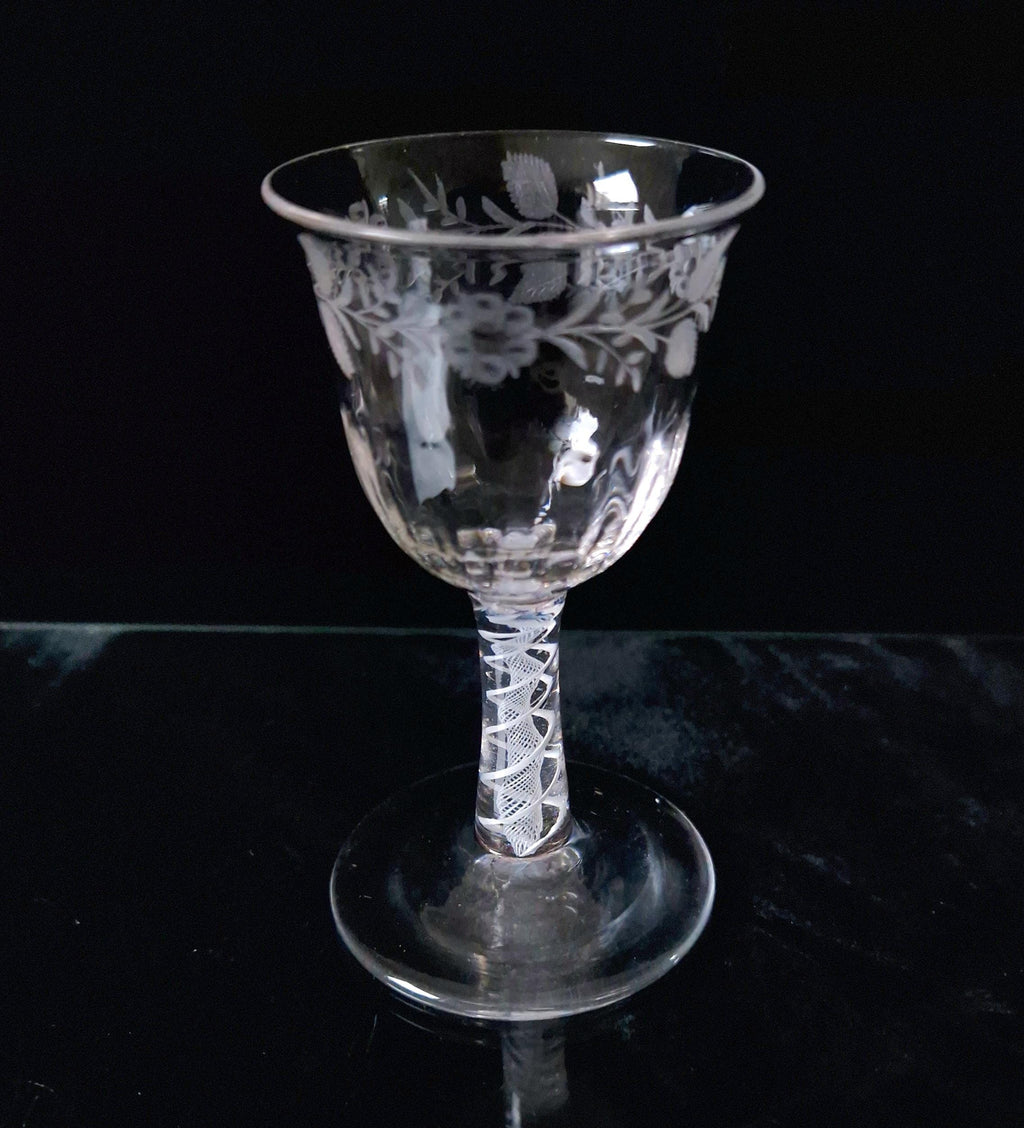 18th Century Jacobite Engraved Flute Moulded Double Series Airtwist Stem Cordial Liquor Glass