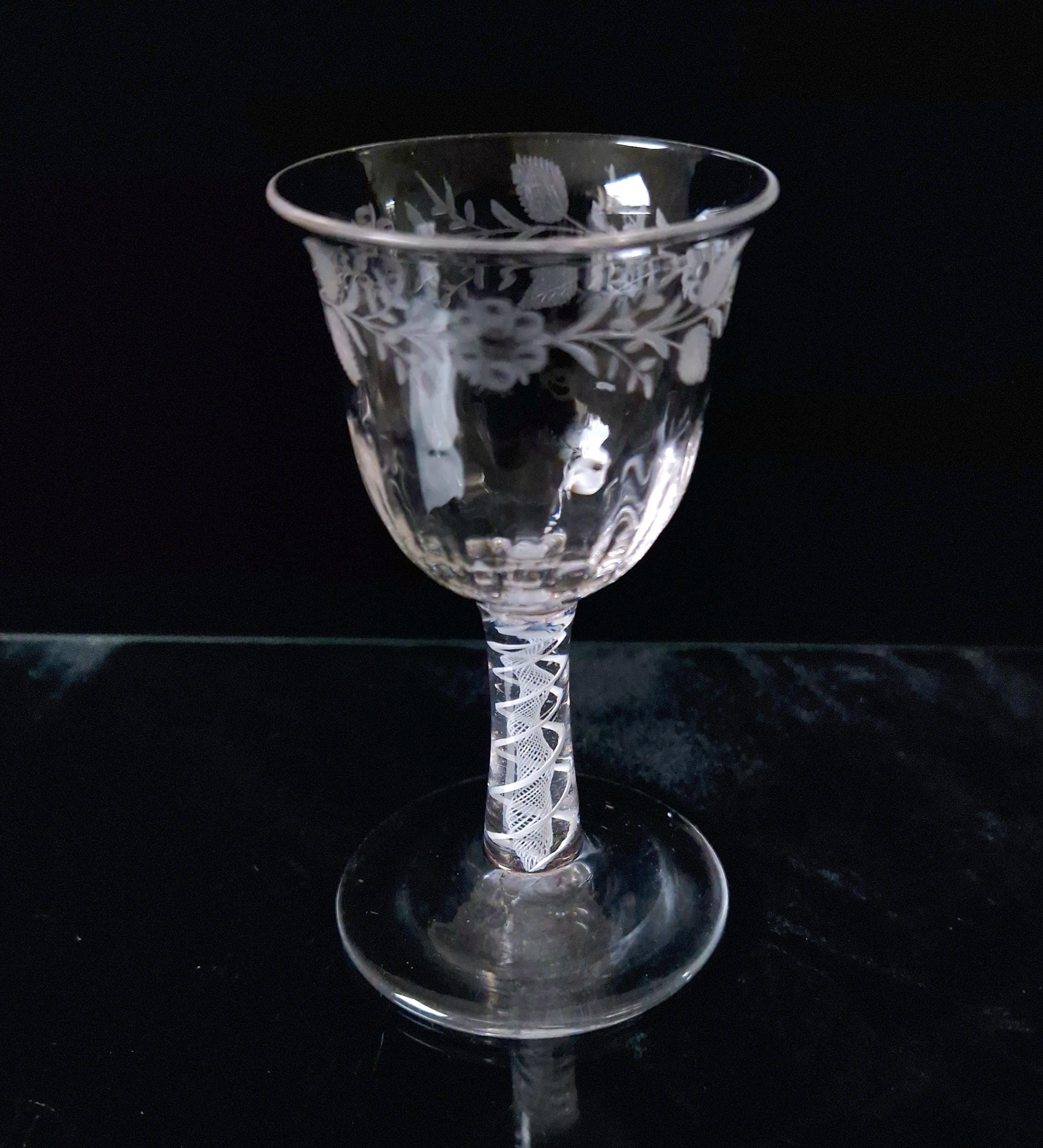 18th Century Jacobite Engraved Flute Moulded Double Series Airtwist Stem Cordial Liquor Glass