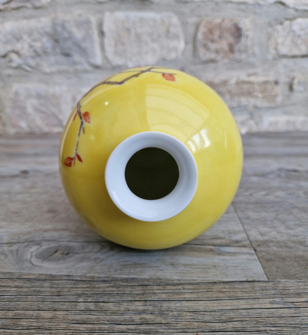 Vintage 20th C. Famille Rose Yellow Ground Meiping Porcelain Vase Hand Painted Peony Blooms