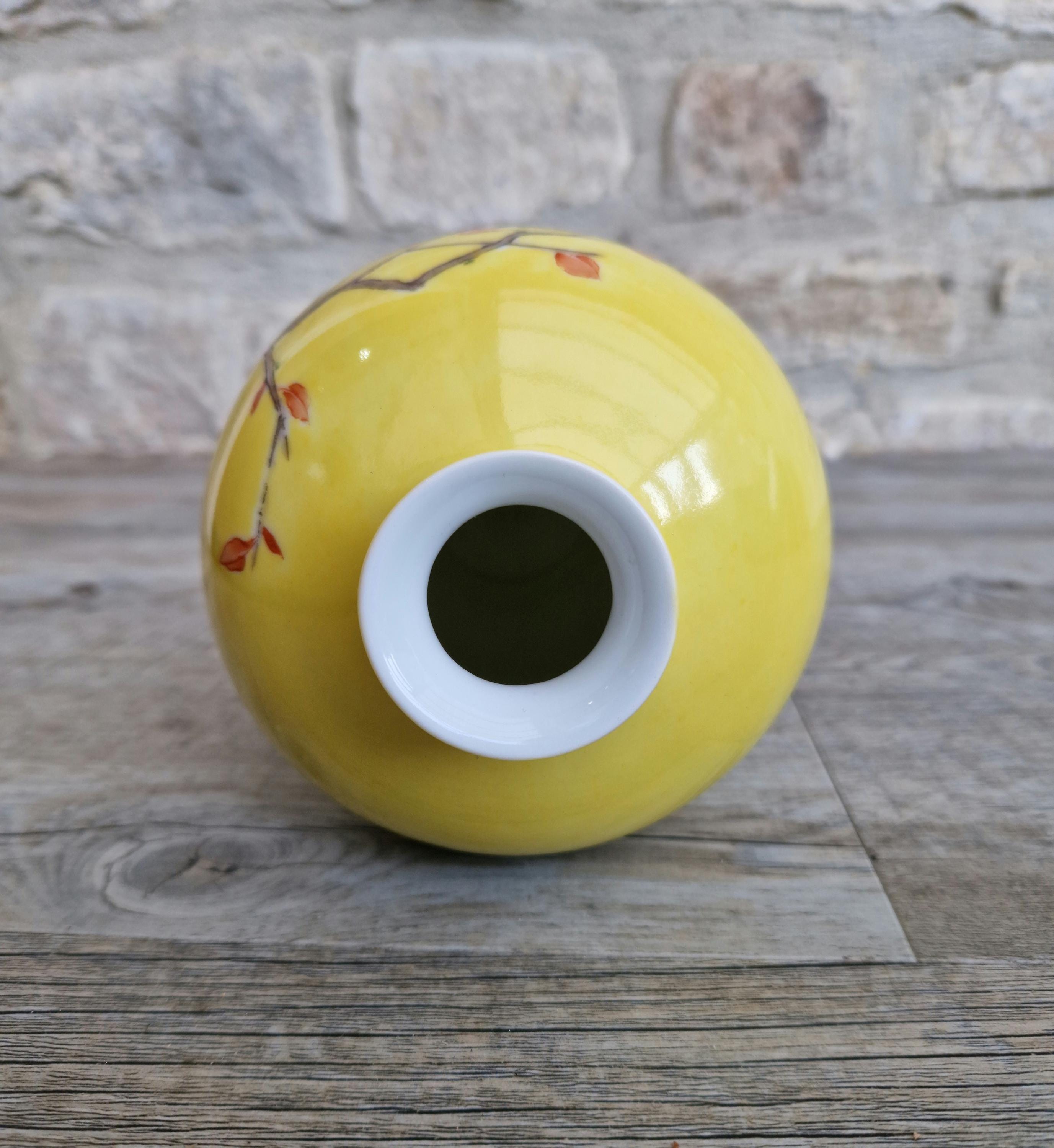 Vintage 20th C. Famille Rose Yellow Ground Meiping Porcelain Vase Hand Painted Peony Blooms