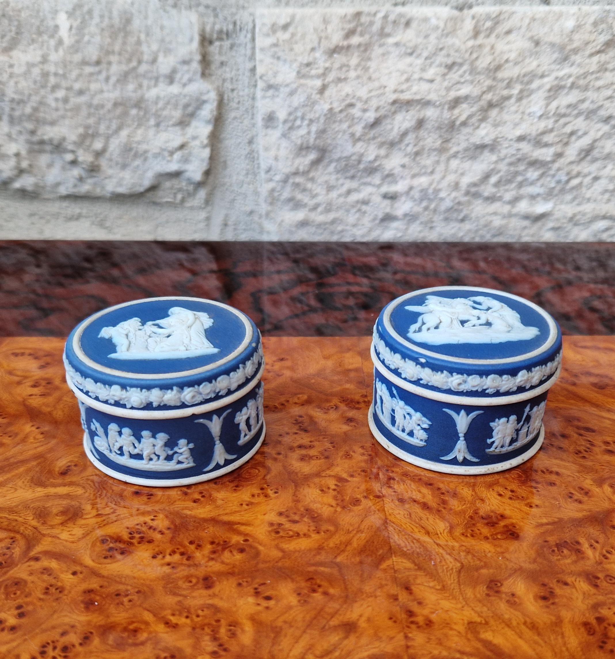 2 x Antique Wedgwood Neoclassical Dark Blue Jasperware Rouge Pot Patch Pot