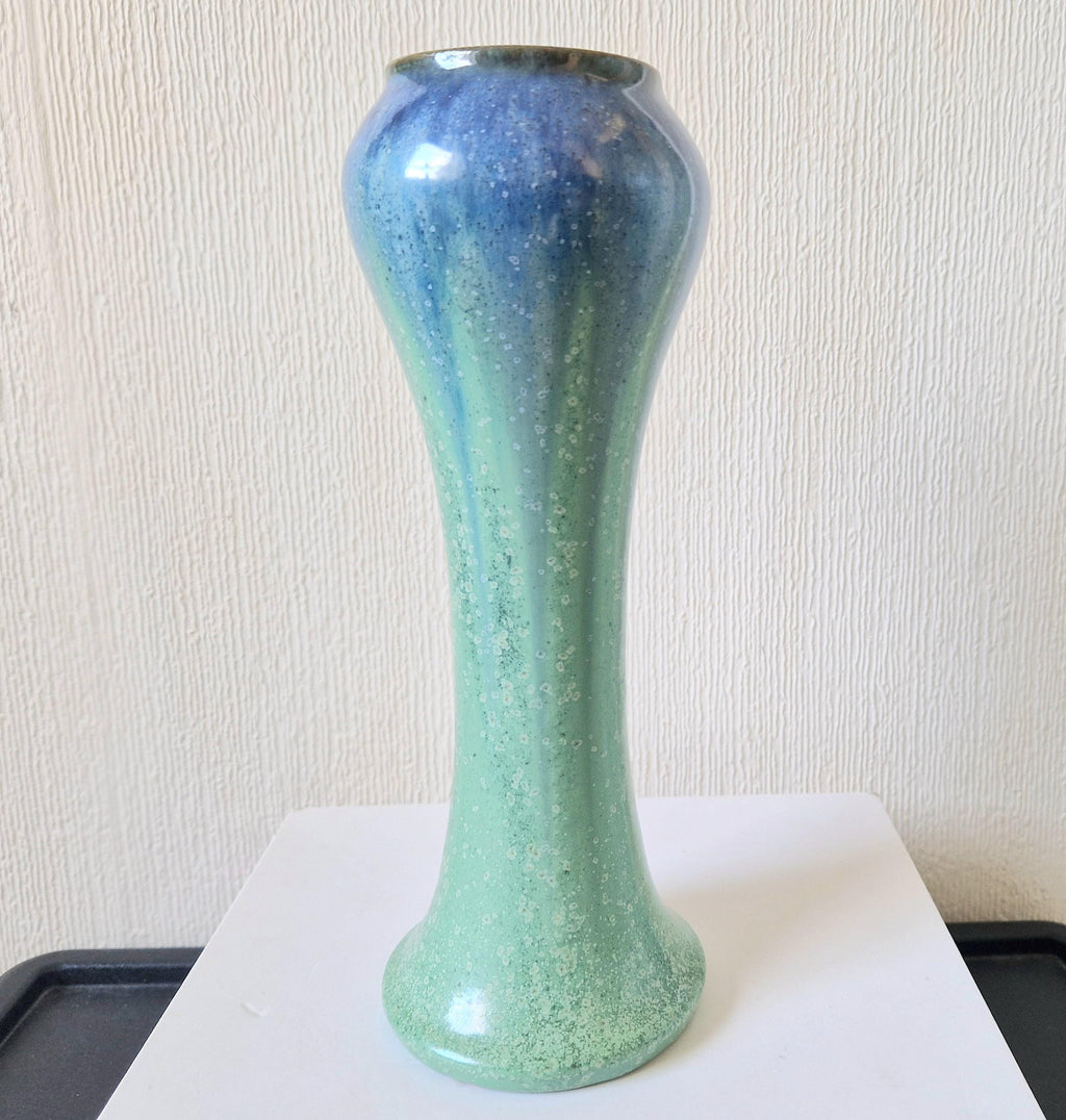 Antique Art Nouveau Tall Inverted Baluster Blue Green Glaze Ceramic Vase 27cm