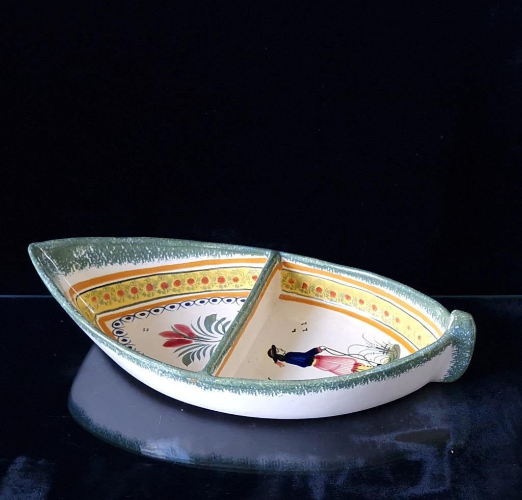 Vintage Henriot Quimper Faience Ceramic Boat Shape Divided Serving Dish