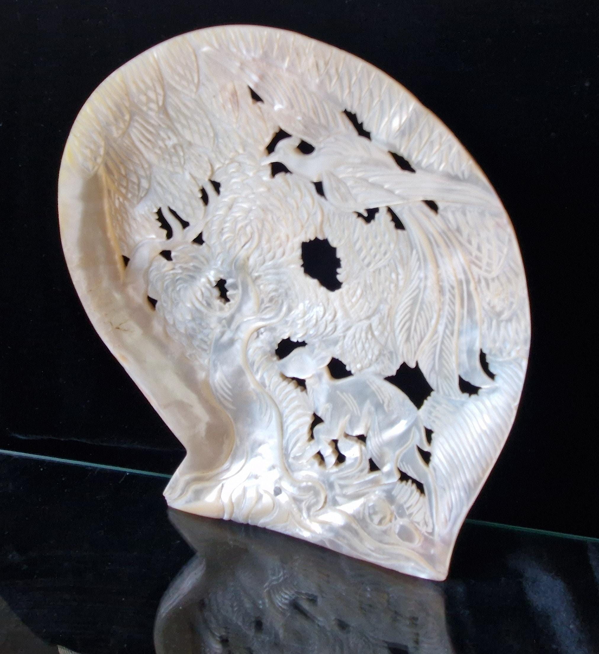 Vintage Chinese Carved Large Mother Of Pearl Shell Animal Birds Forest Scene