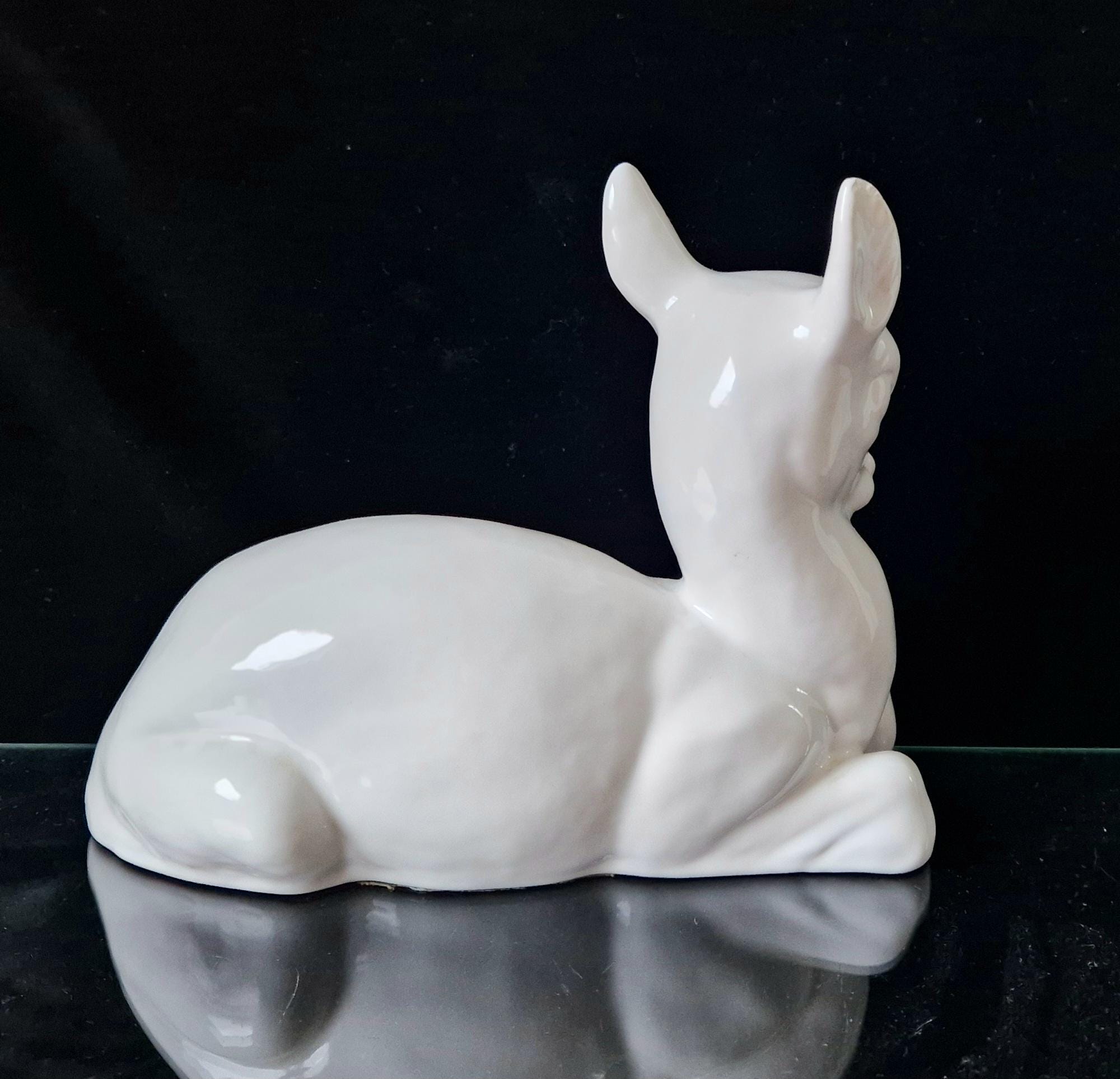 Vintage Cantagalli White Italian Ceramic Faience Recumbant Fawn Deer Figure Ornament 20cm.
