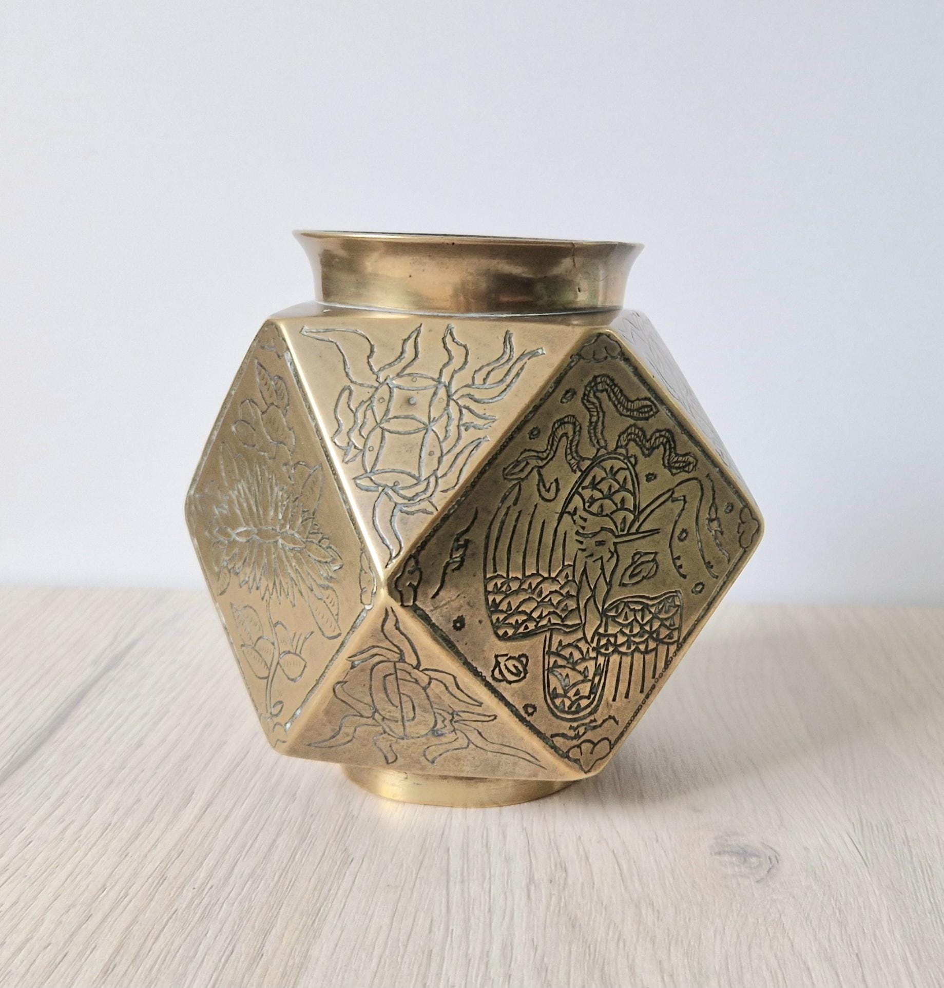 Antique Japanese Tetradecahedron Gilt Bronze Vase 14cm