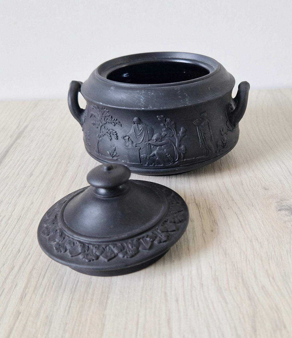 Vintage Black Basalt Wedgwood Neo-Classical Twin Handle Lidded Sugar Box