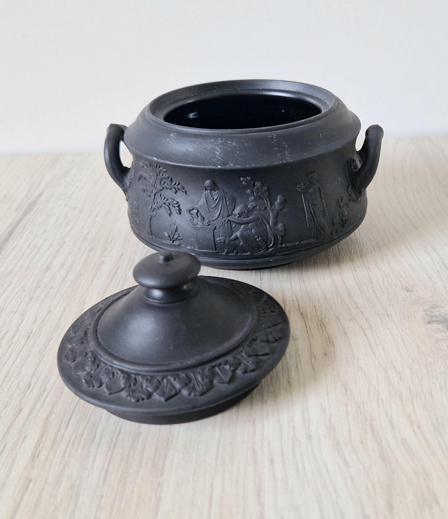 Vintage Black Basalt Wedgwood Neo-Classical Twin Handle Lidded Sugar Box