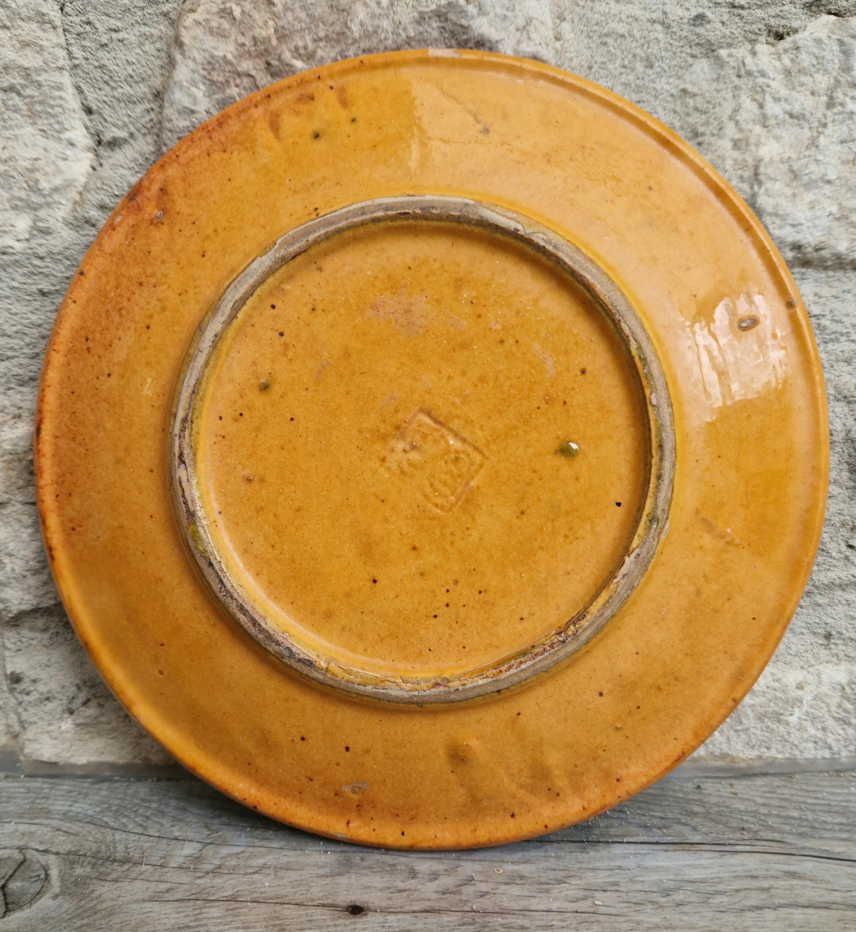 Vintage French Rustic BIOT Ceramic Ornate Design Motif Yellow Glaze Dessert Plate