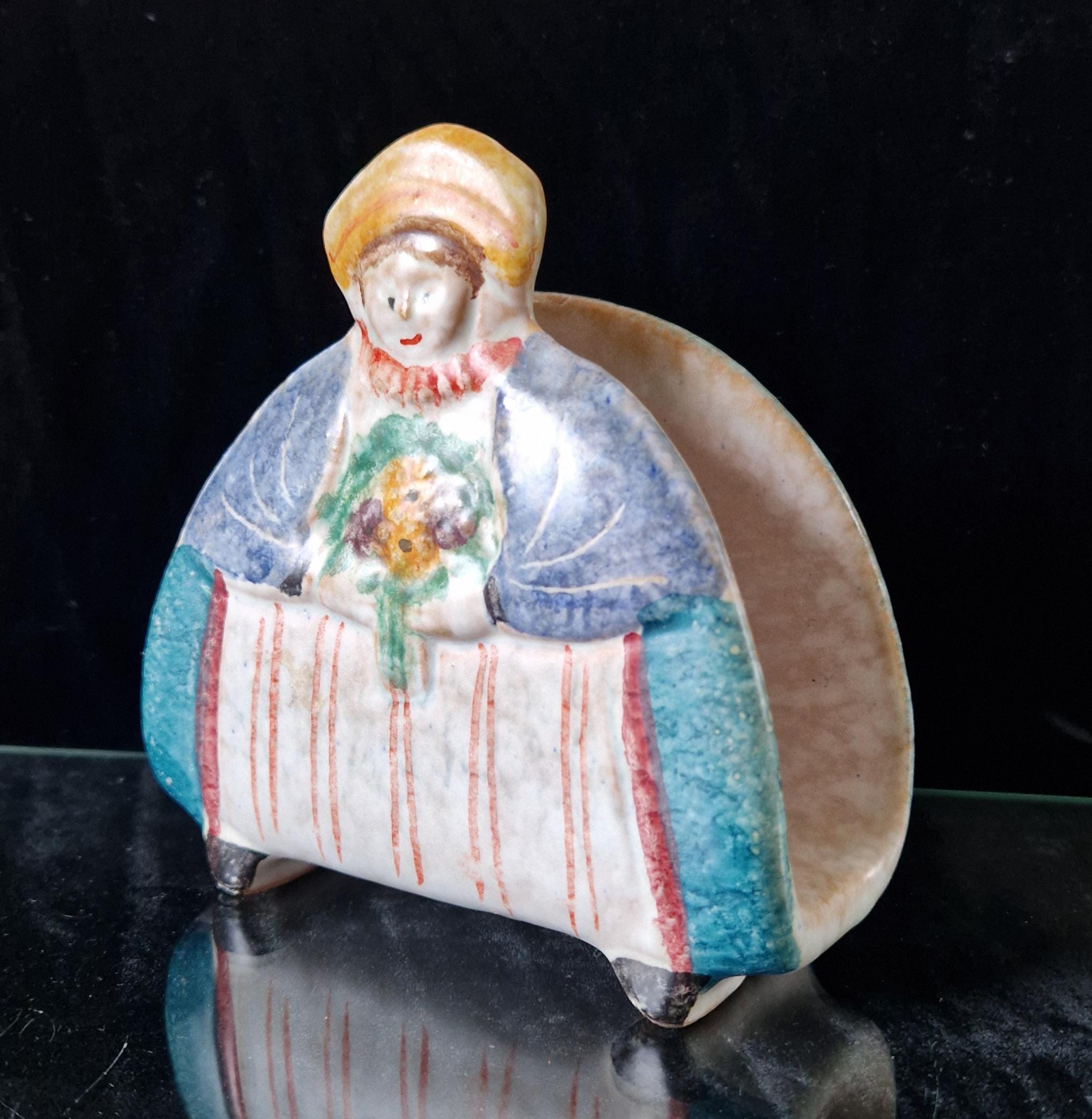 Vintage Italian Albissola Ceramic Floral Decorative Lady Serviette/Letter Holder Hand Painted Rare