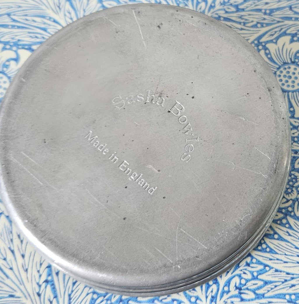 Pewter Art Nouveau Style Trinket Pot Sasha Bowles England signed .Trinket Pot polished Gemstone Inlay