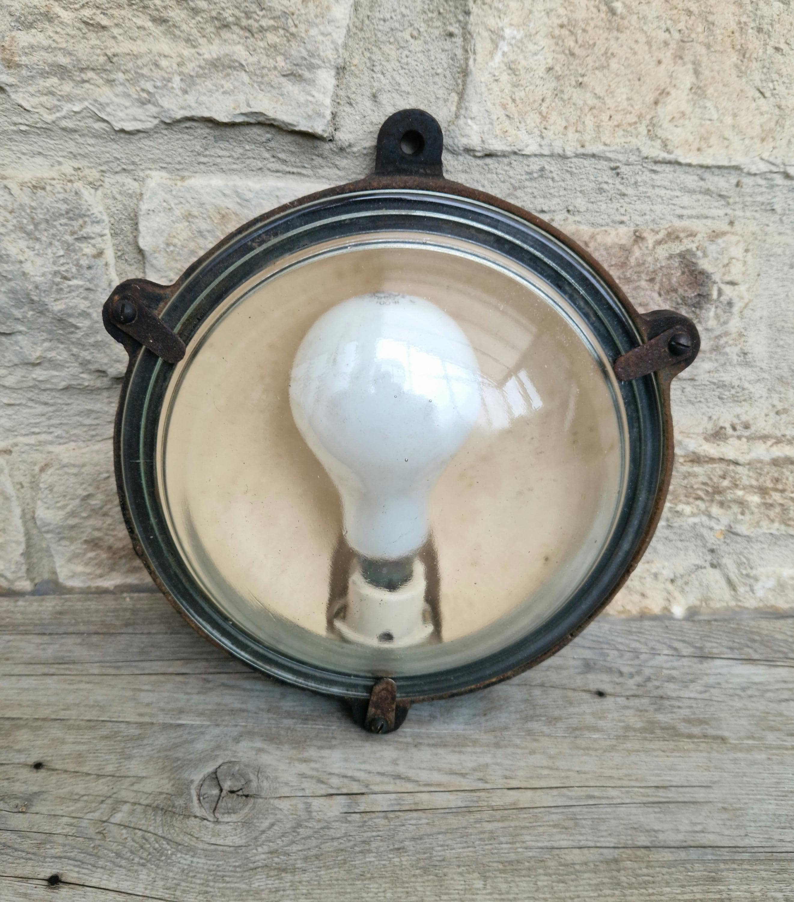 Vintage Industrial Marine Bulkhead Wall Light Cast Iron Round Fixture