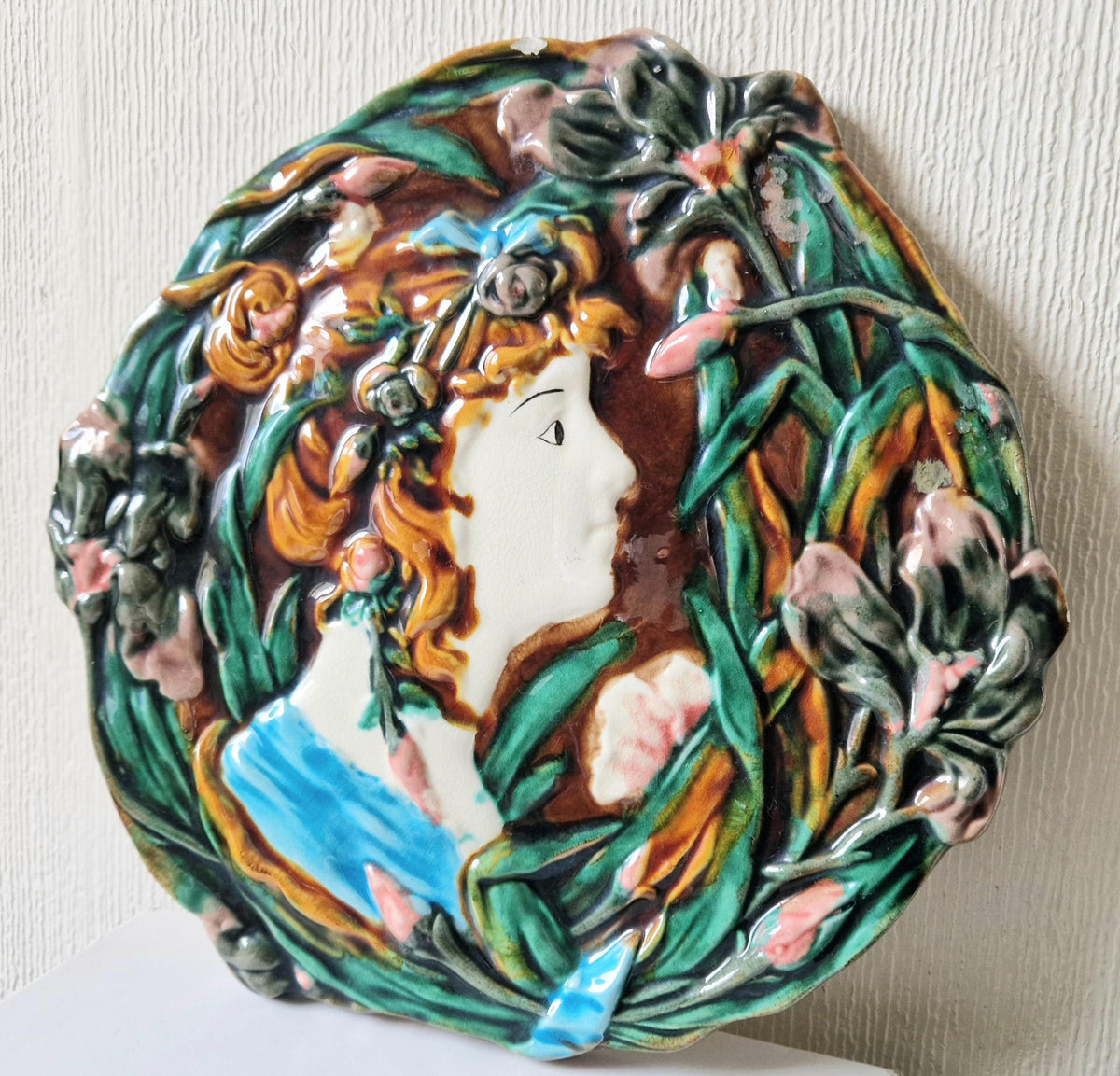 Antique Majolica Floral Blue Dress Lady Art Nouveau Handpainted Ceramic Wall Plaque Roundel