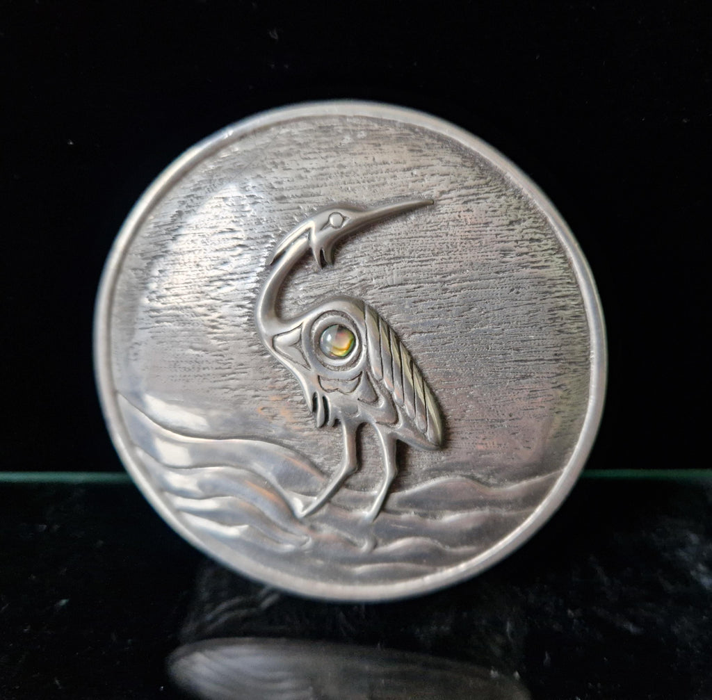 Vintage Mid Century Pewter & Glass Bead Heron Relief Trinket Box
