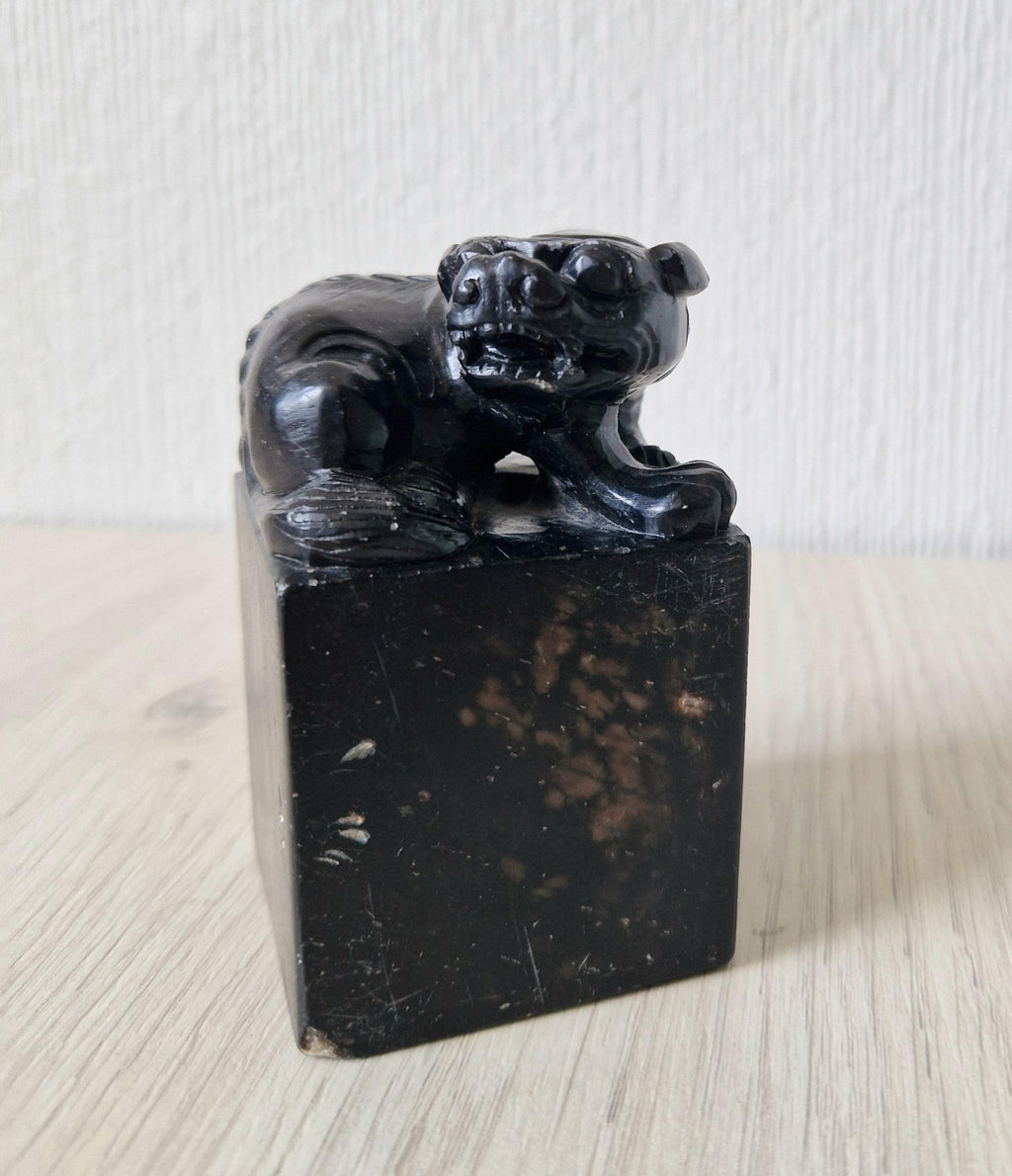 Antique Carved Black Hardstone Foo Dog Chinese Chop Block Seal 8.5cm