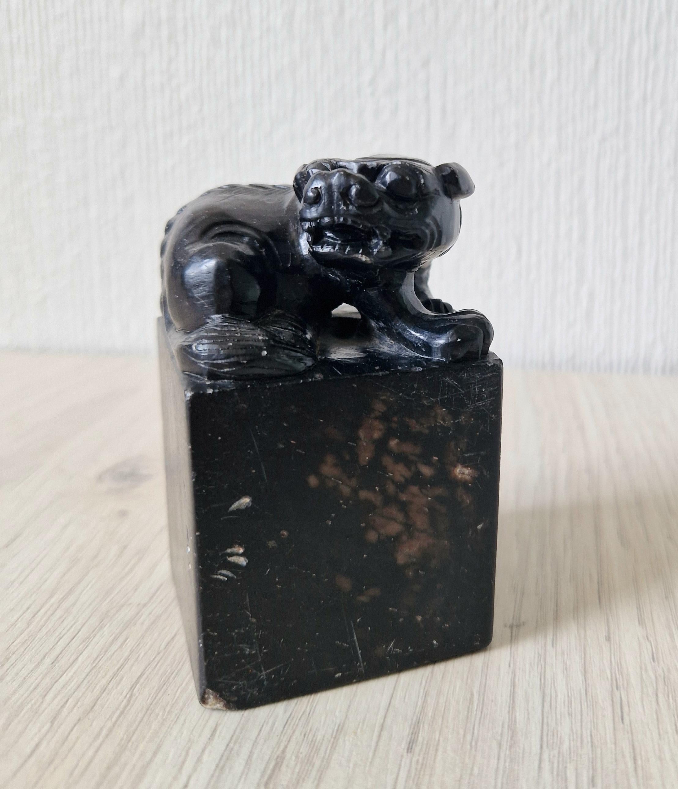 Antique Carved Black Hardstone Foo Dog Chinese Chop Block Seal 8.5cm