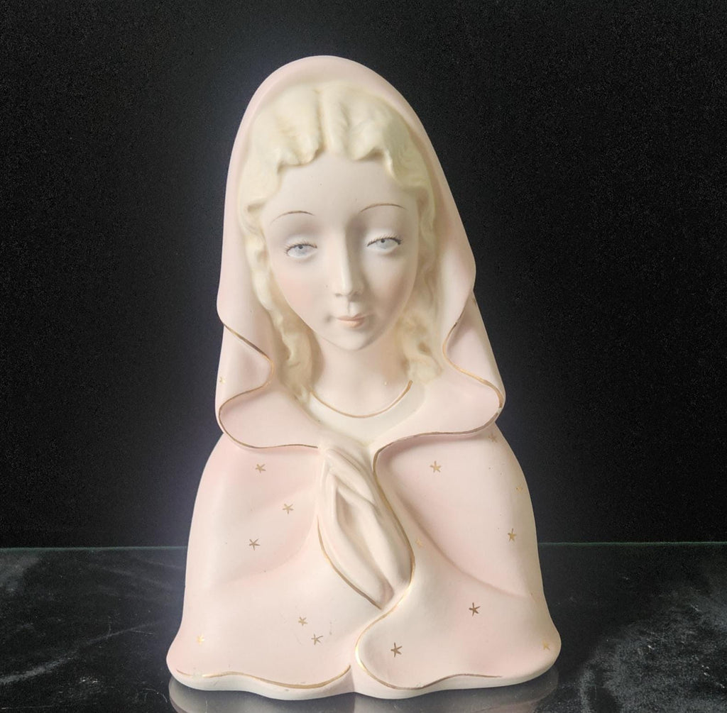 Vintage Virgin Mary Praying Madonna Figure Italian Porcelain Ornament Pink & Gold (17cm) Religous Gift