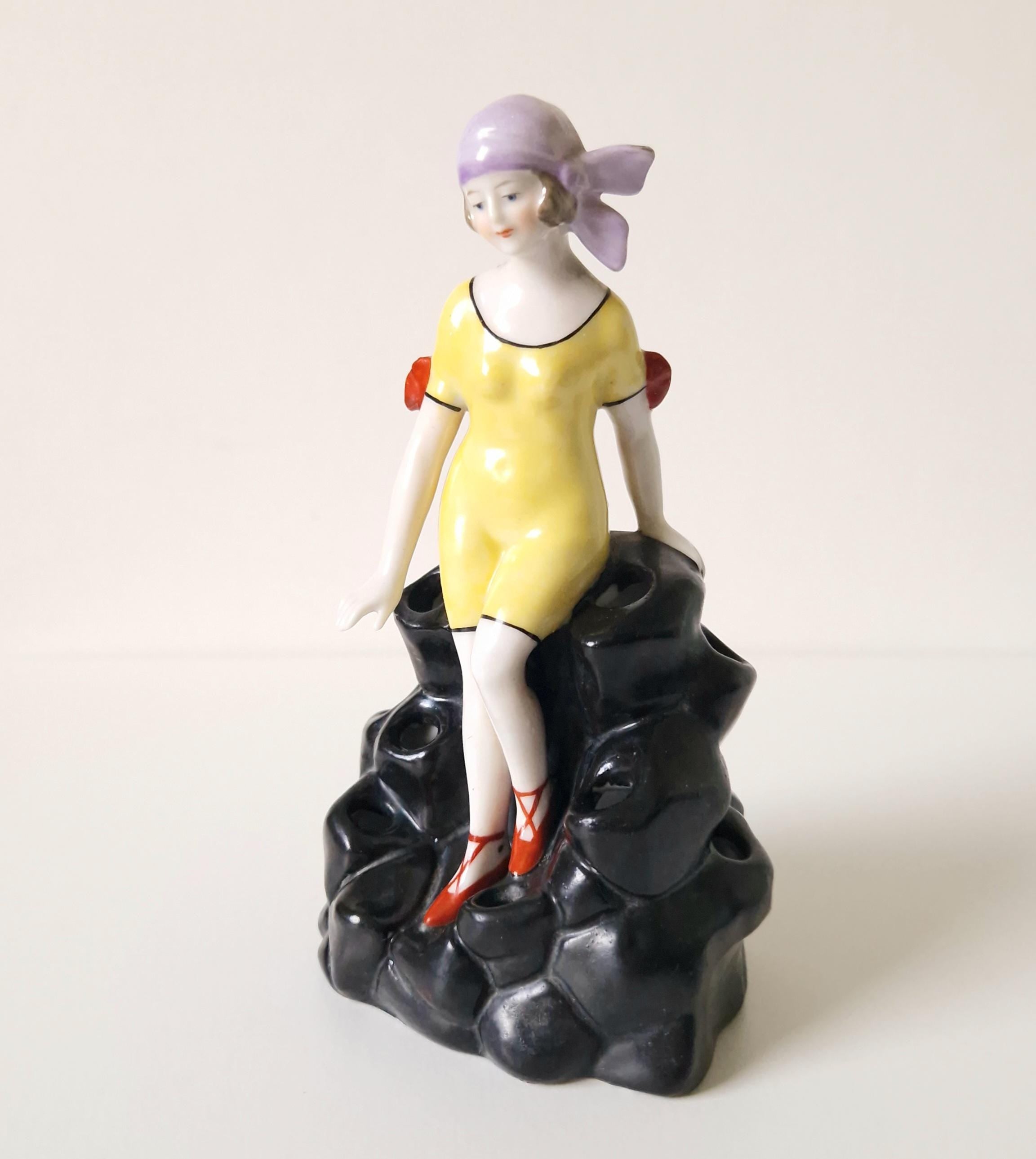 Art Deco Flapper Girl Ceramic Ornament: 1920s Bathing Beauty Hat Pin Holder