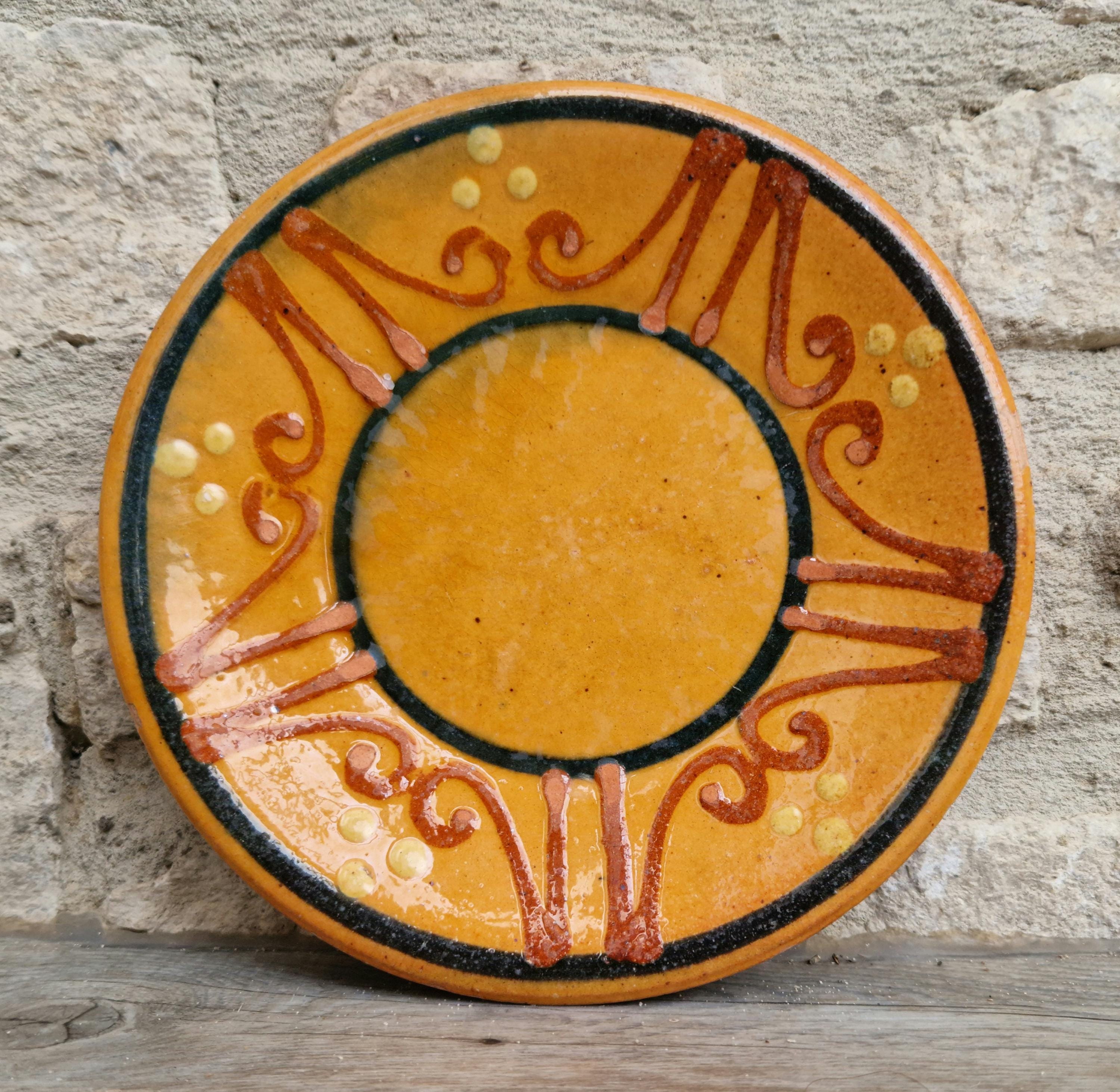 Vintage French Rustic BIOT Ceramic Ornate Design Motif Yellow Glaze Dessert Plate