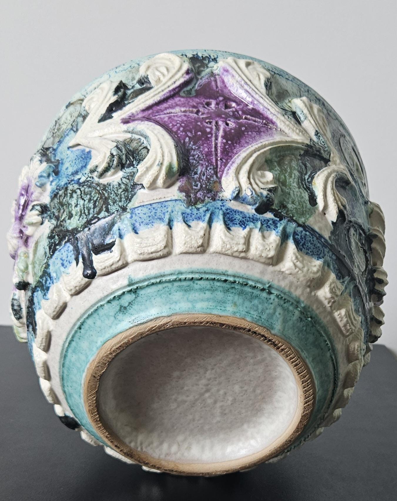 Vintage Large Textured Italian Planter Plant Pot Purple Greens White 14cm Tall X 17cm Diameter