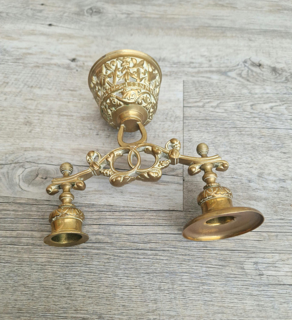 Brass Altar Bell Double Candle Holder With Pierced-Work Four Evangelists Names Antique